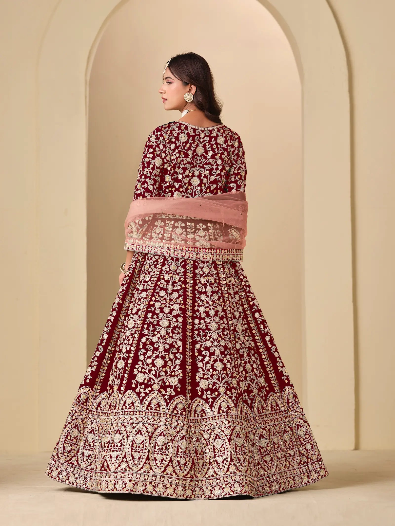 Maroon Velvet Heavy Embroidered Gown