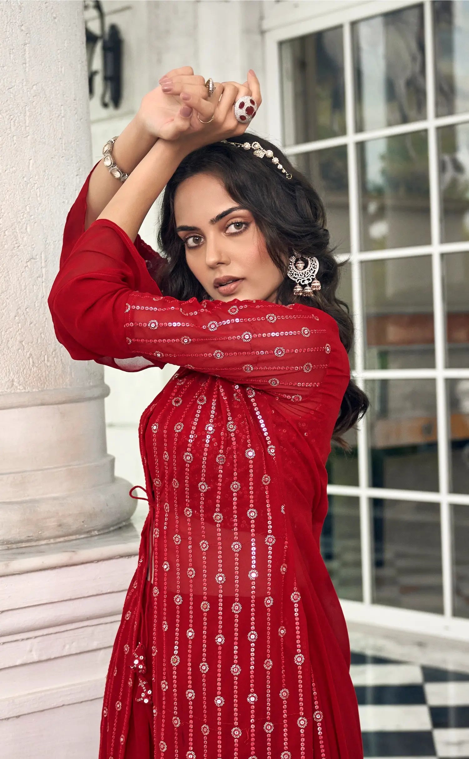 Red Georgette Indo western Set With Thread & Sequence Embroidery Work | Ready To Wear - qivii