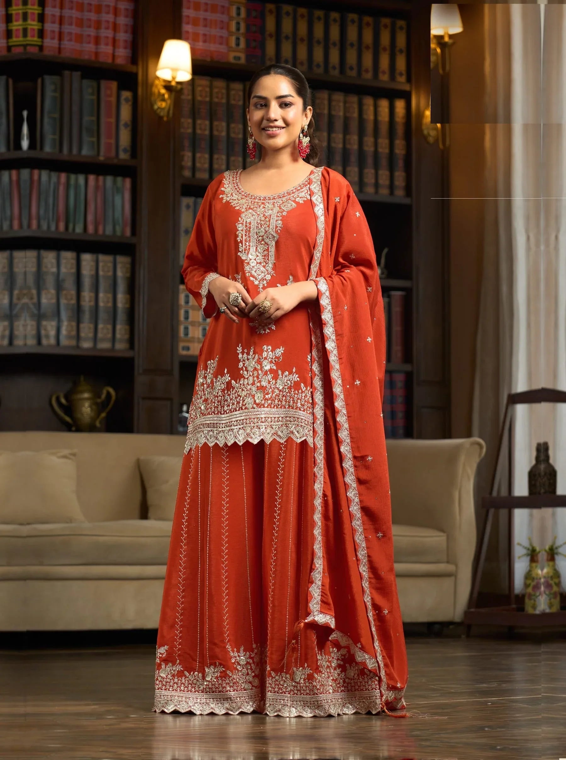 Deep Orange Chinon Embroidery Salwar Suit