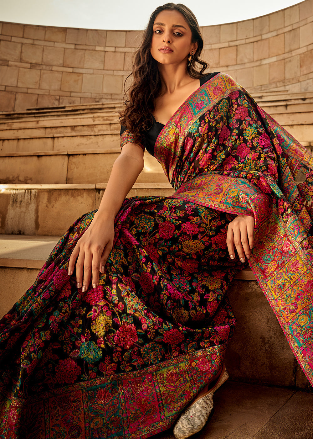 Onyx Black Woven Kashmiri Jamawar Silk Saree - qivii