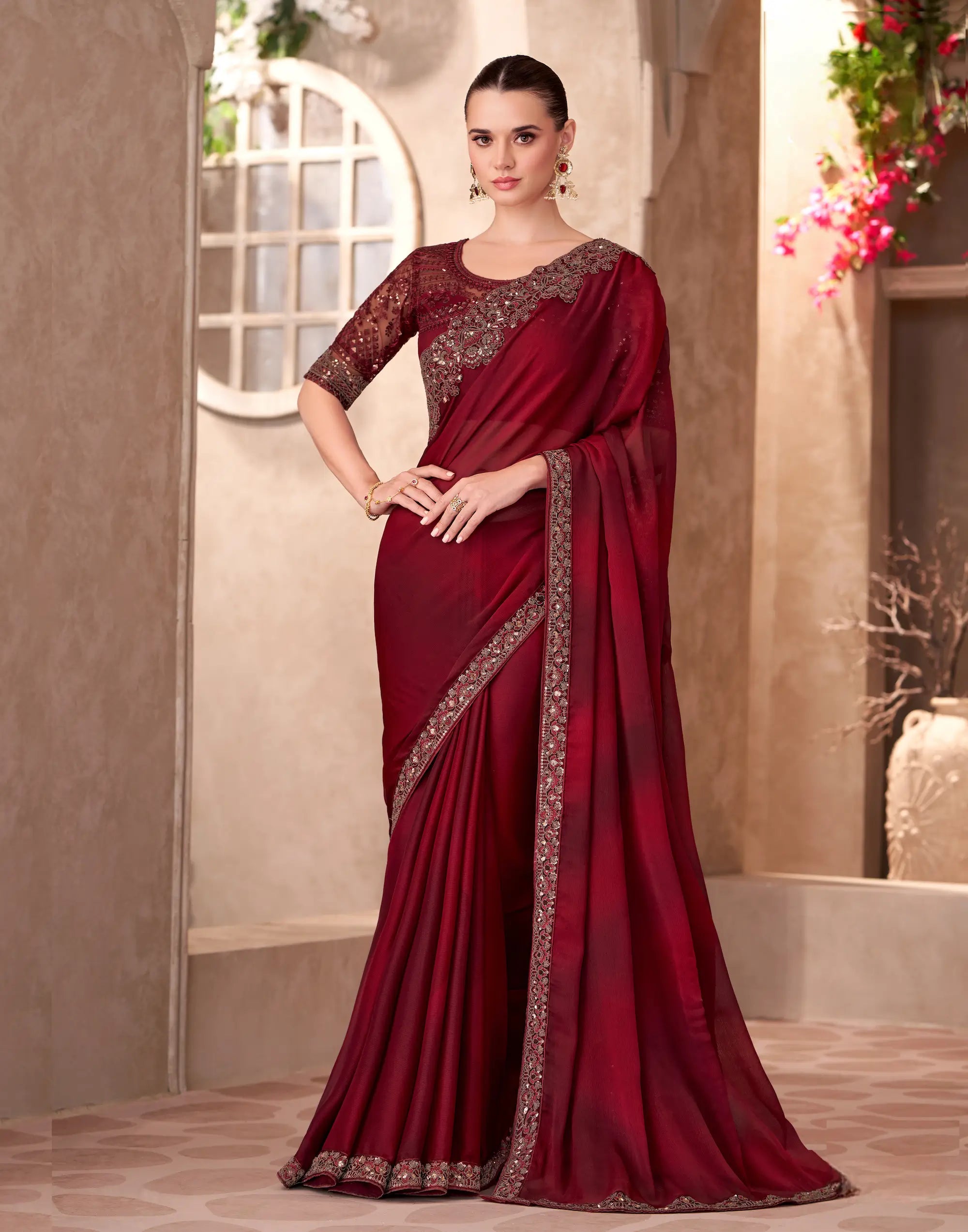 Cherry Red Shaded Chiffon Embroidery Work Saree - qivii