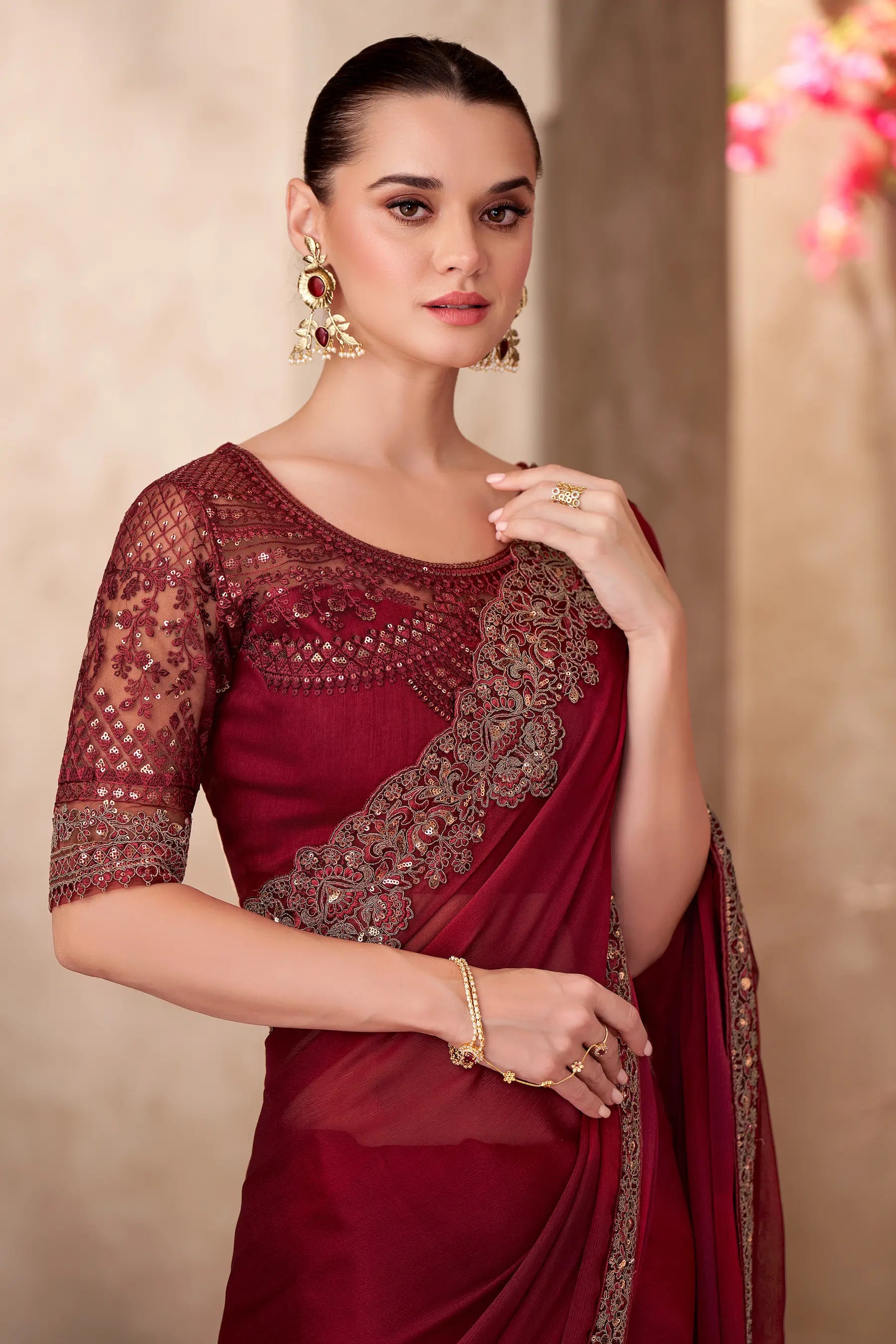 Cherry Red Shaded Chiffon Embroidery Work Saree - qivii