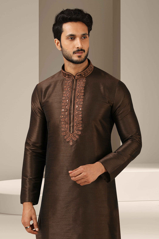 Men's Banarasi Art Silk Mirror Work Kurta Pajama In Brown Colour