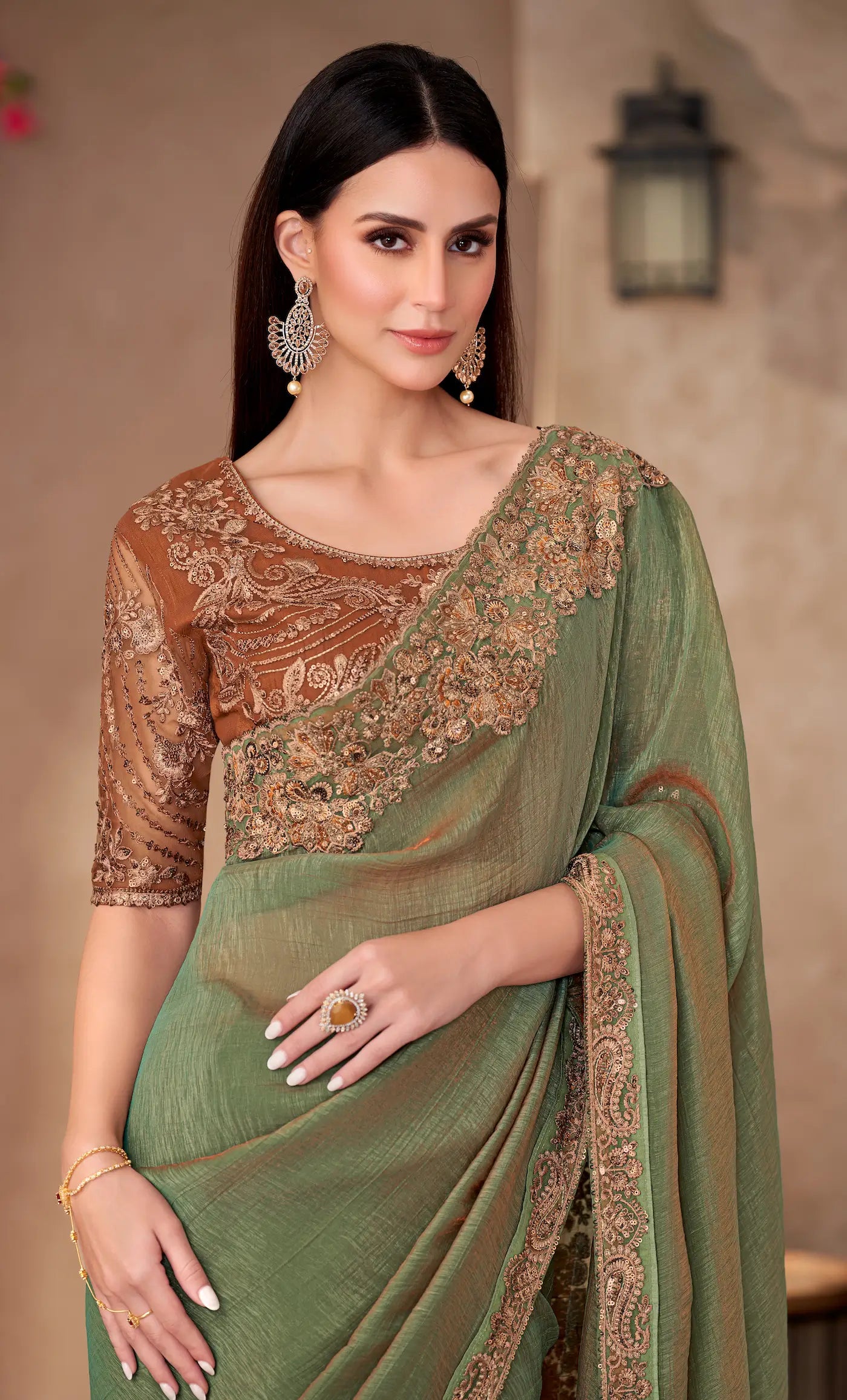 Sage Green Shine Georgette Embroidery Work Saree - qivii