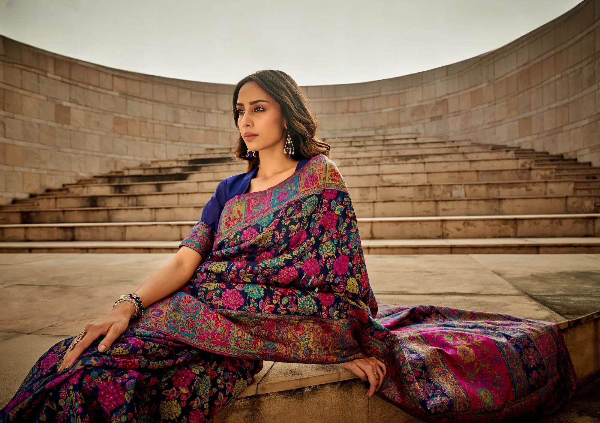 Navy Blue Modal Kashmiri Saree