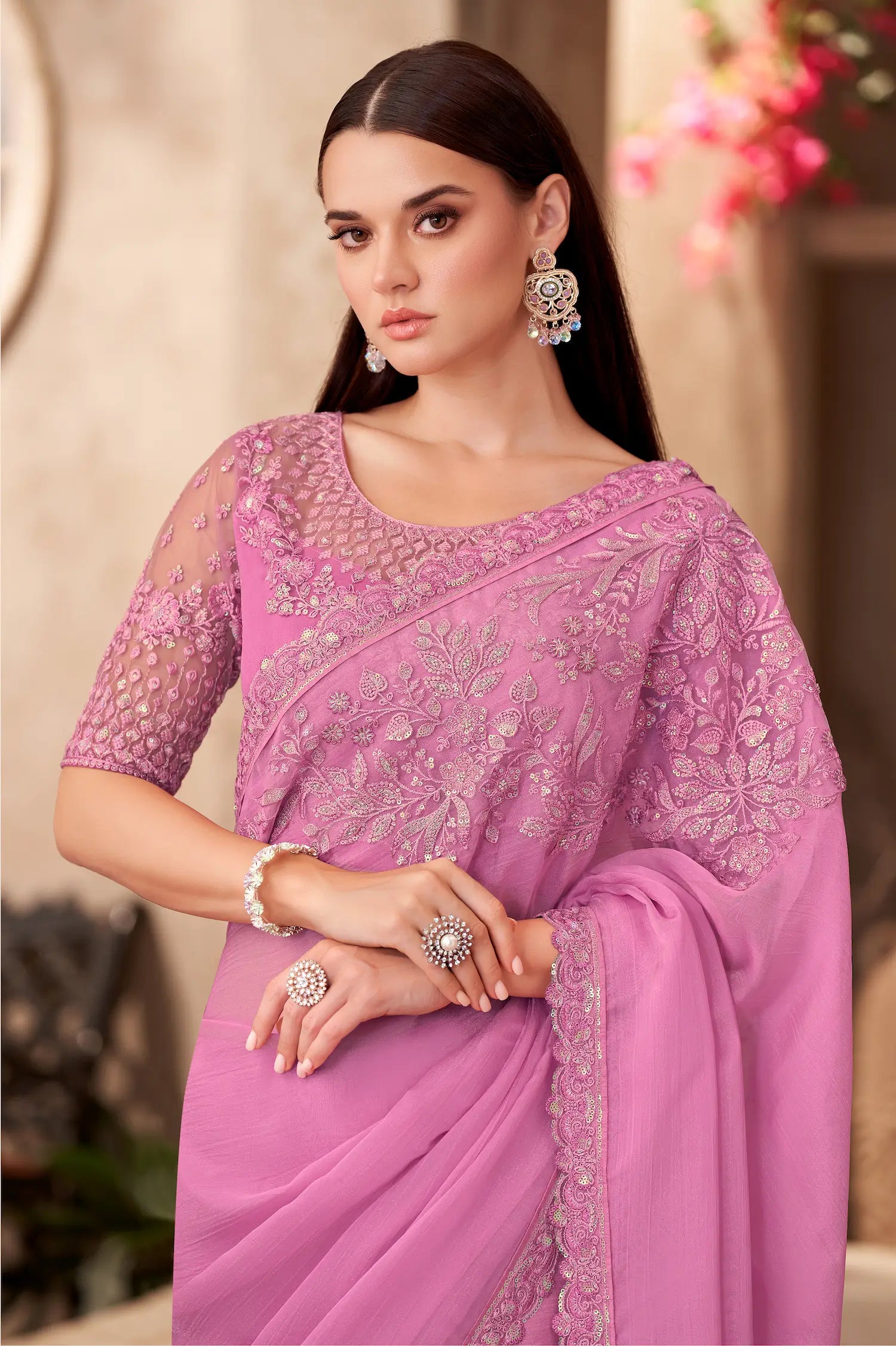Blush Pink Chiffon Silk Embroidery Work Saree - qivii