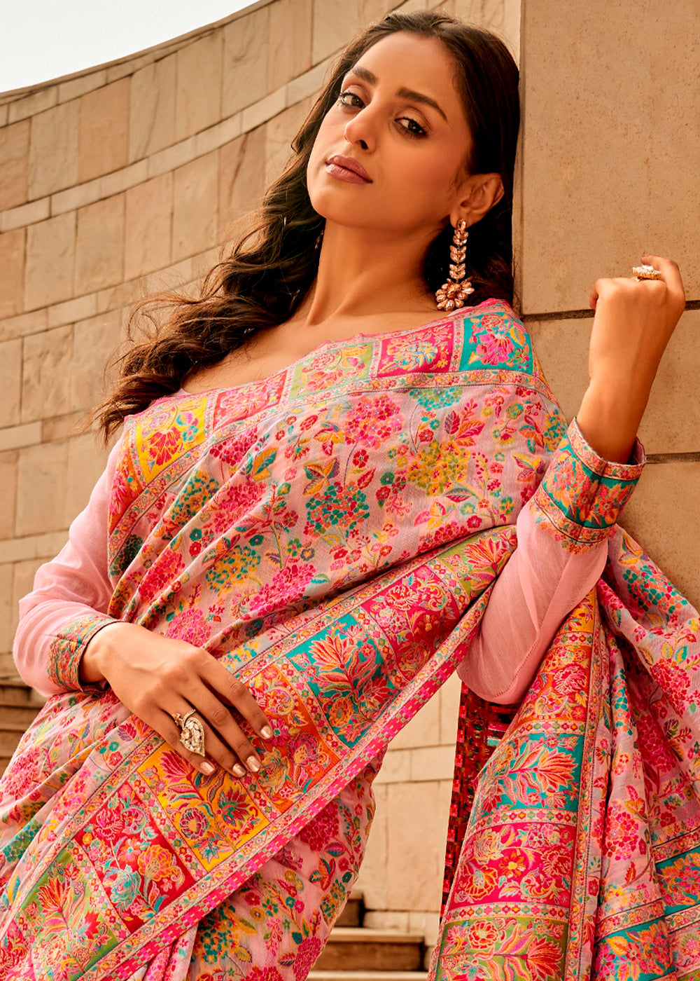 Light Baby Pink Woven Kashmiri Jamawar Silk Saree - qivii