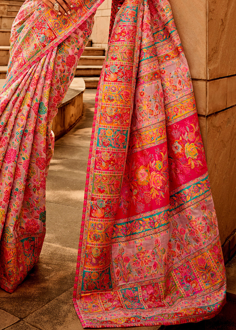 Light Baby Pink Woven Kashmiri Jamawar Silk Saree - qivii