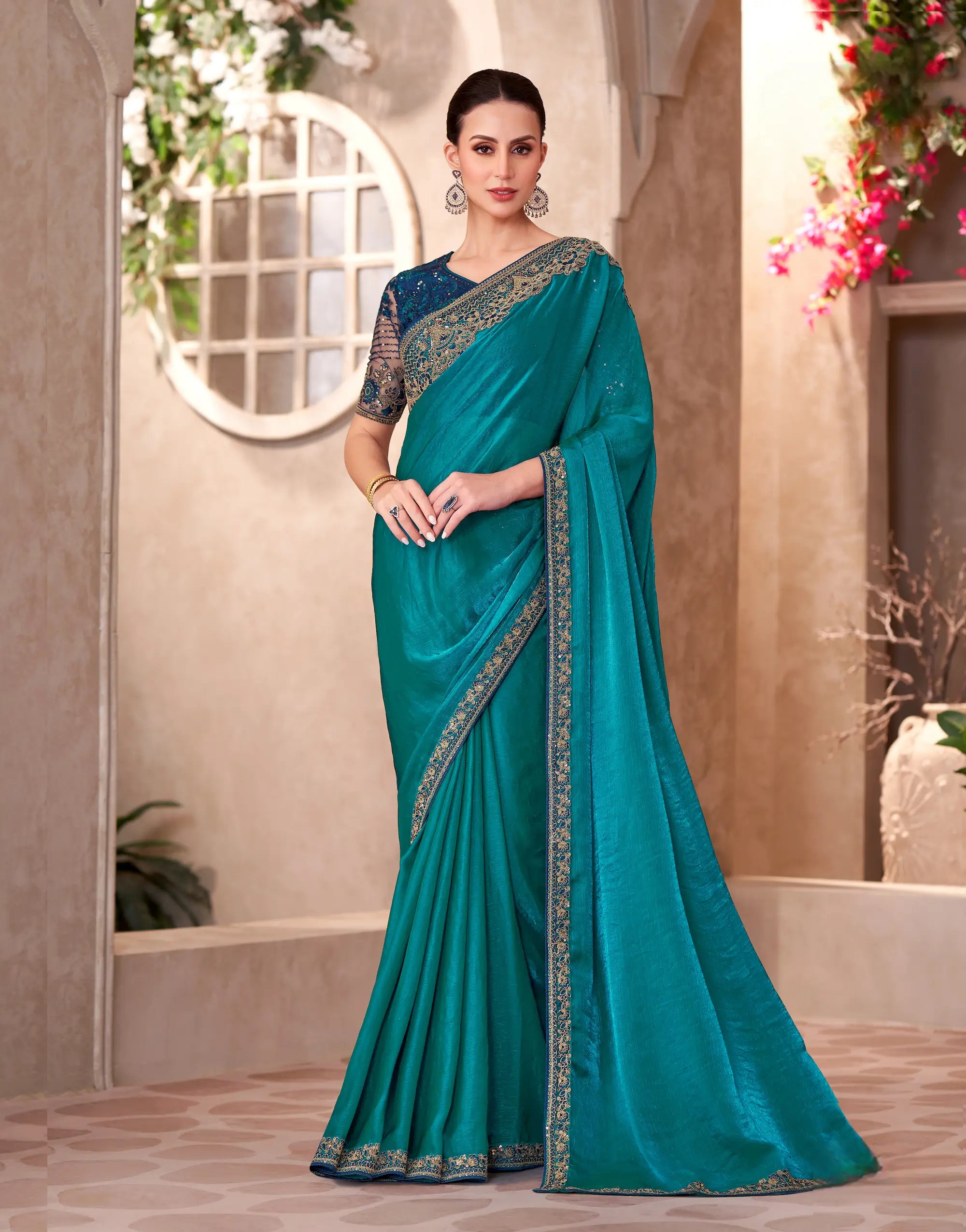 Peacock Blue Satin Georgette Embroidery Work Saree - qivii