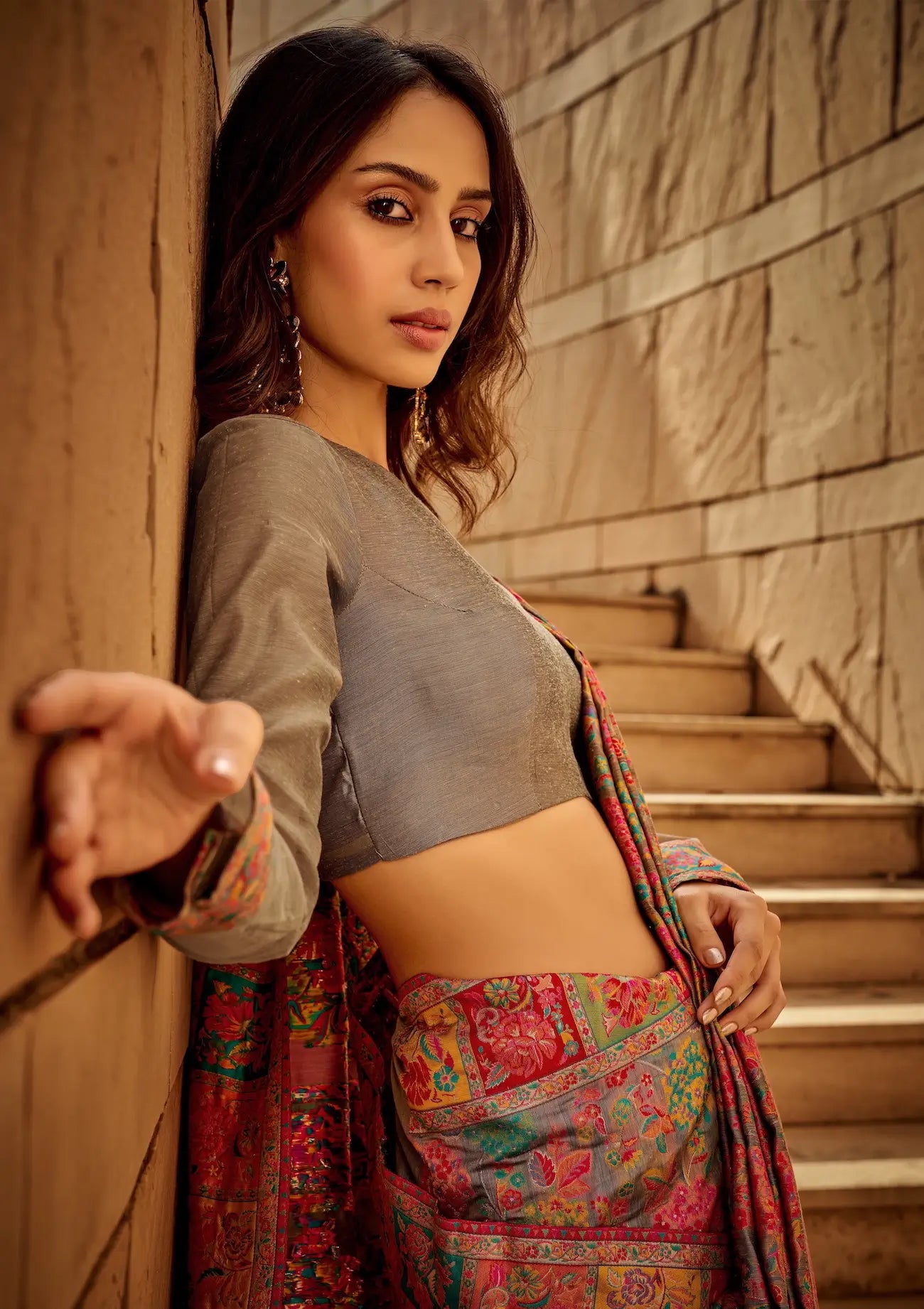 Taupe Brown Modal Kashmiri Saree
