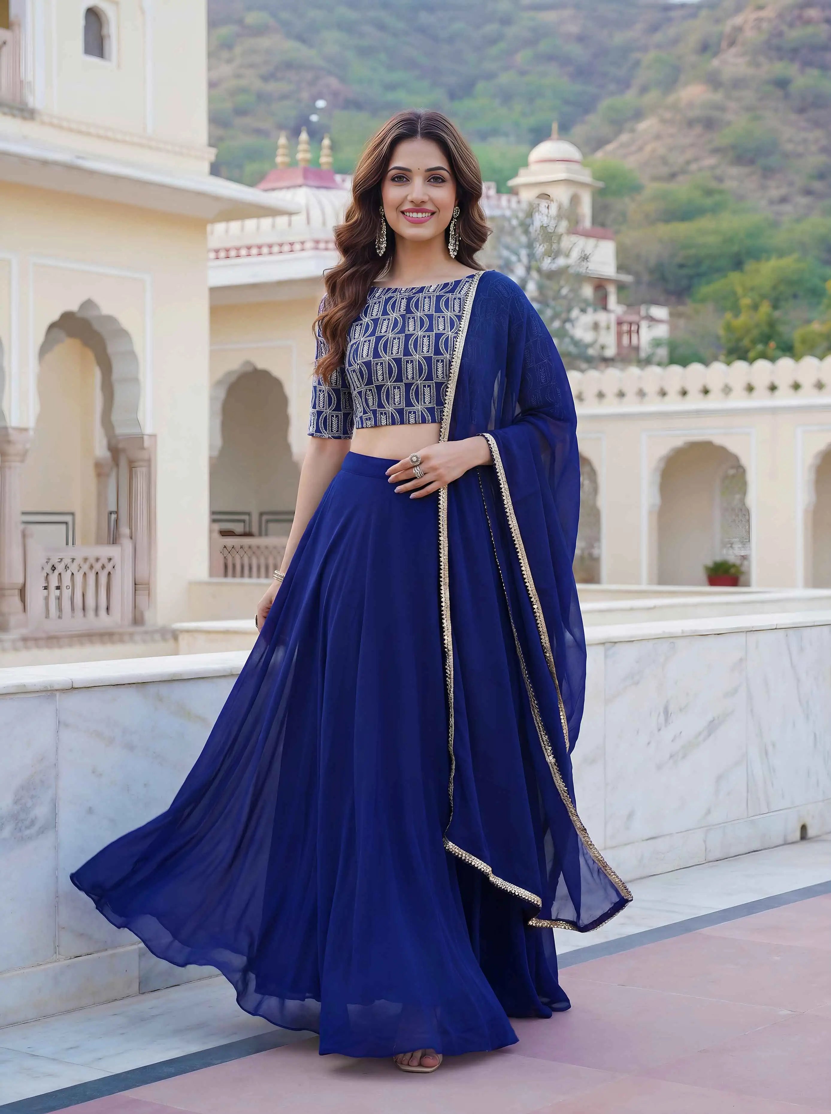 Blue Georgette Lehenga with Embroidery