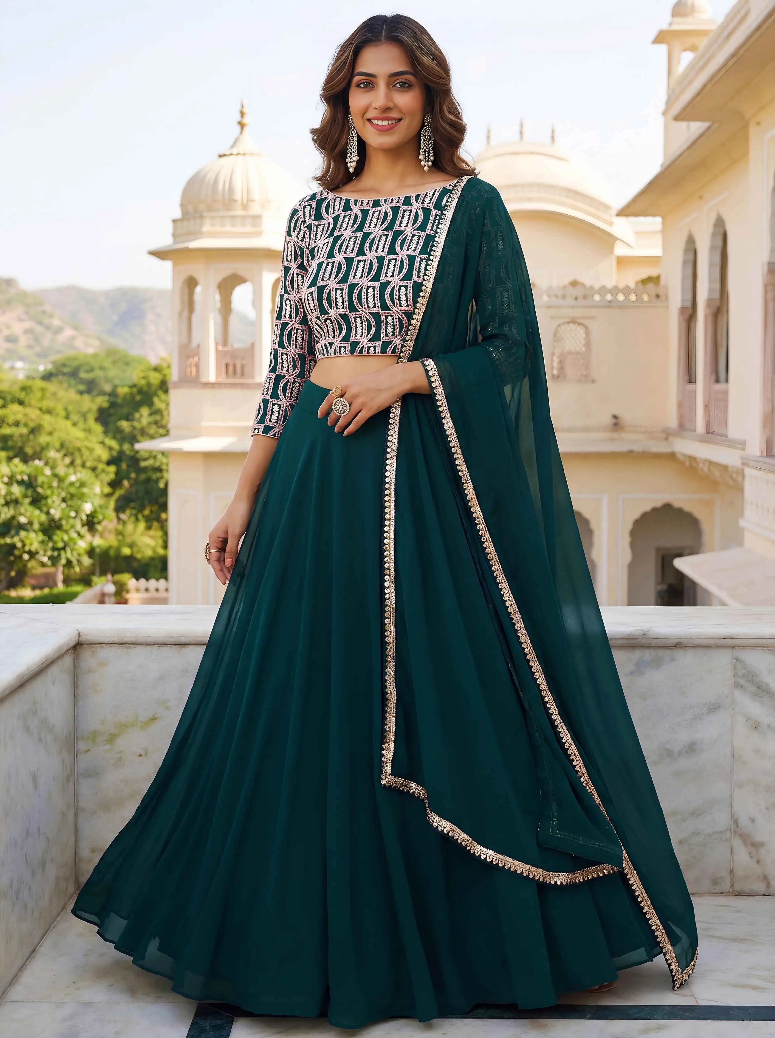 Green Georgette Lehenga with Embroidery