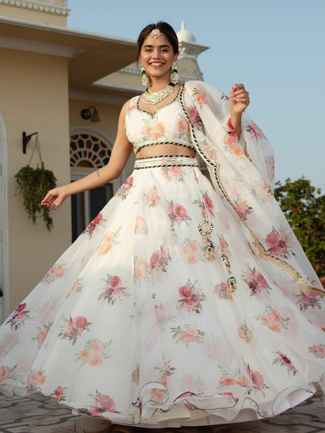 White color organza floral digital print lehenga with intricate embroidery work 