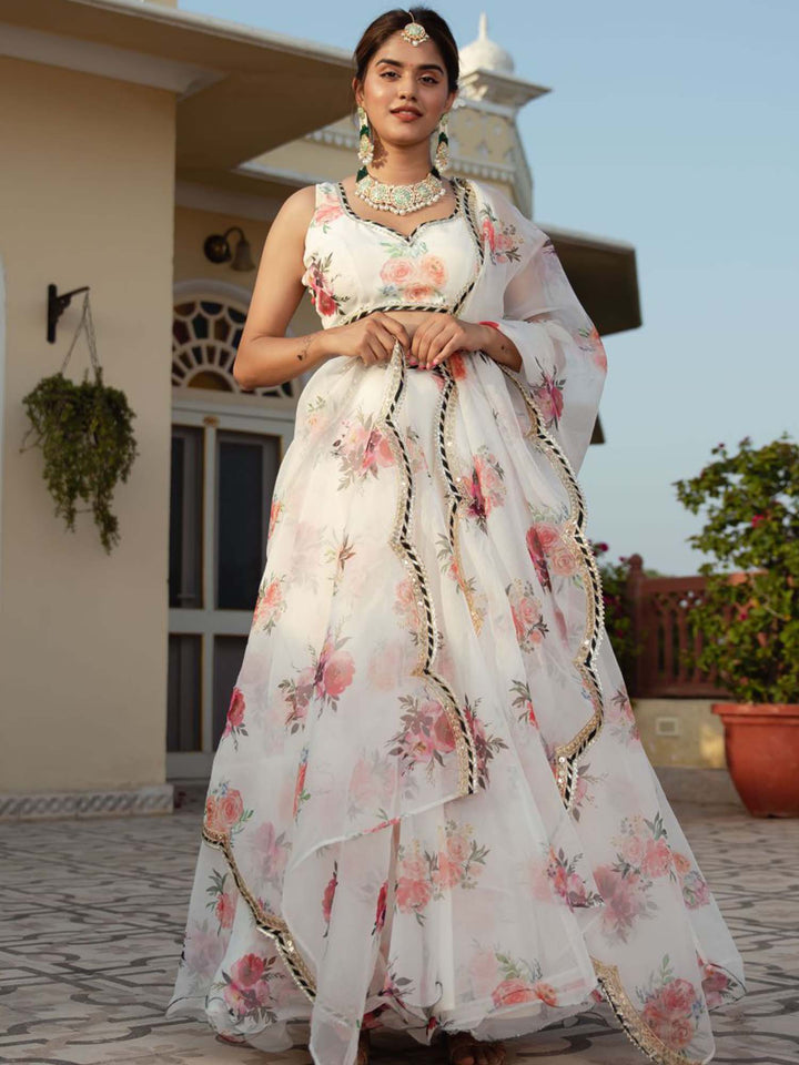 White color organza floral digital print lehenga with intricate embroidery work