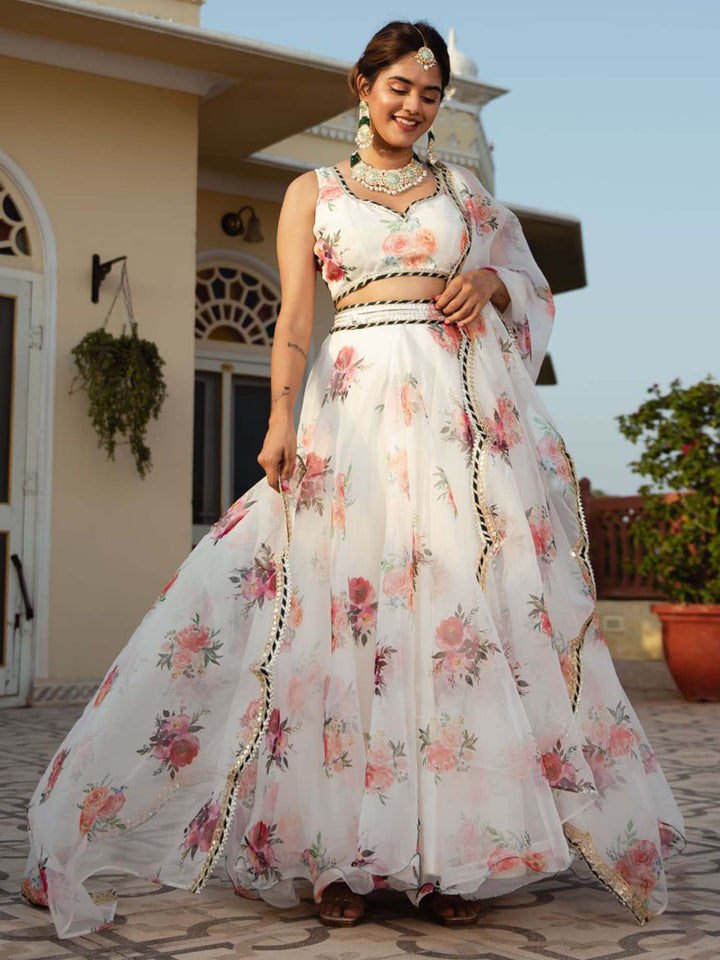 White color organza floral digital print lehenga with intricate embroidery work