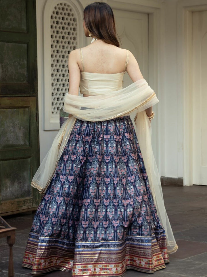 Stunning blue lehenga with intricate floral digital print and embroidery work