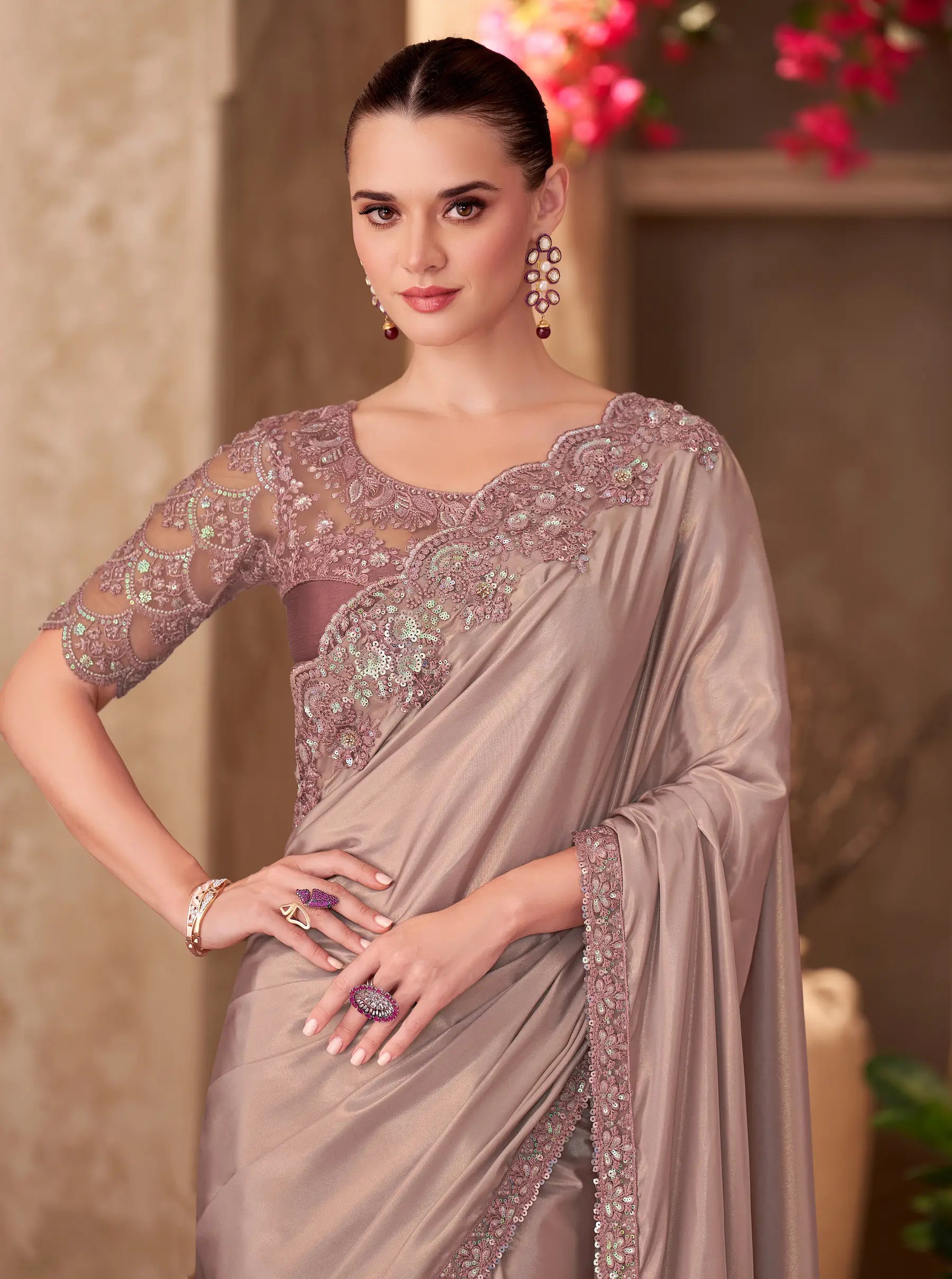 Shiney Beige Shimmer Crepe Embroidery Work Saree - qivii