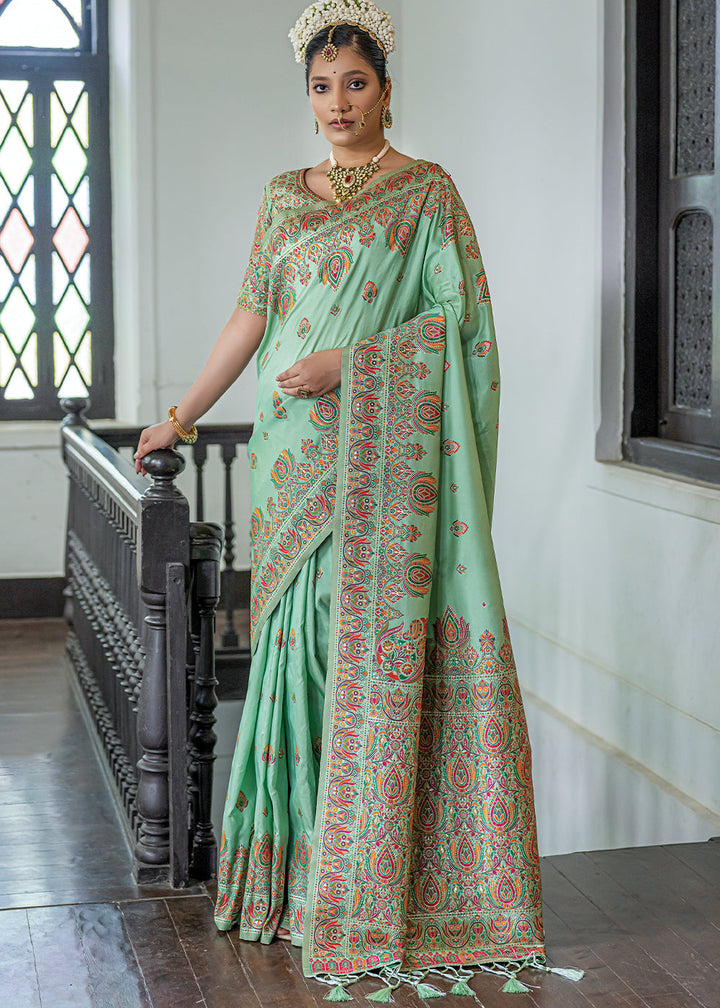 Emerald Green Kashmiri Handloom Woven Silk Saree