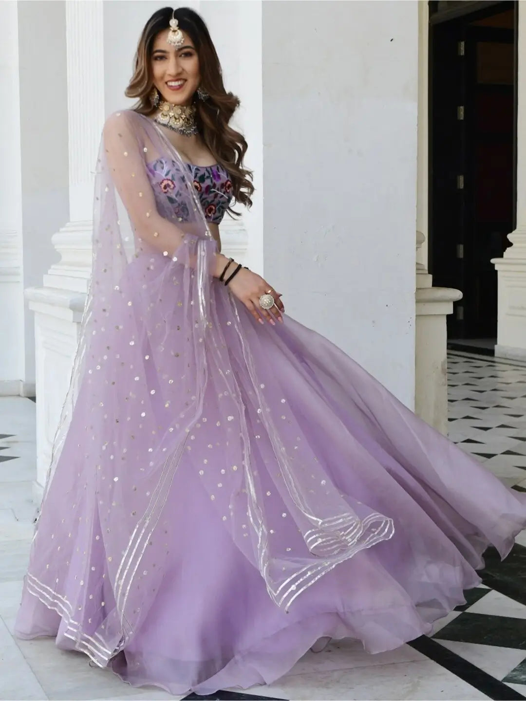 Lavender Organza Net Lehenga With Gota Patti Work With Resham Sequins Embroidery Work | Ready To Wear - qivii