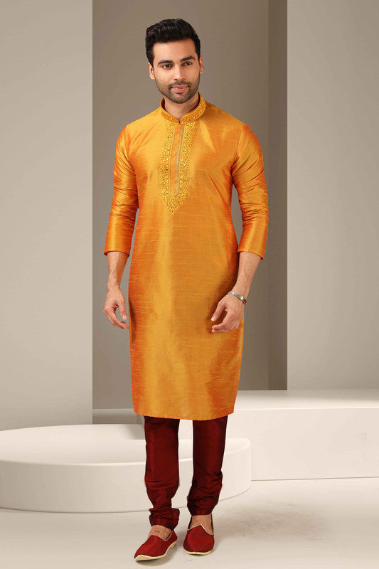 Men's Banarasi Art Silk Mirror Work Kurta Pajama In Mustard Colour