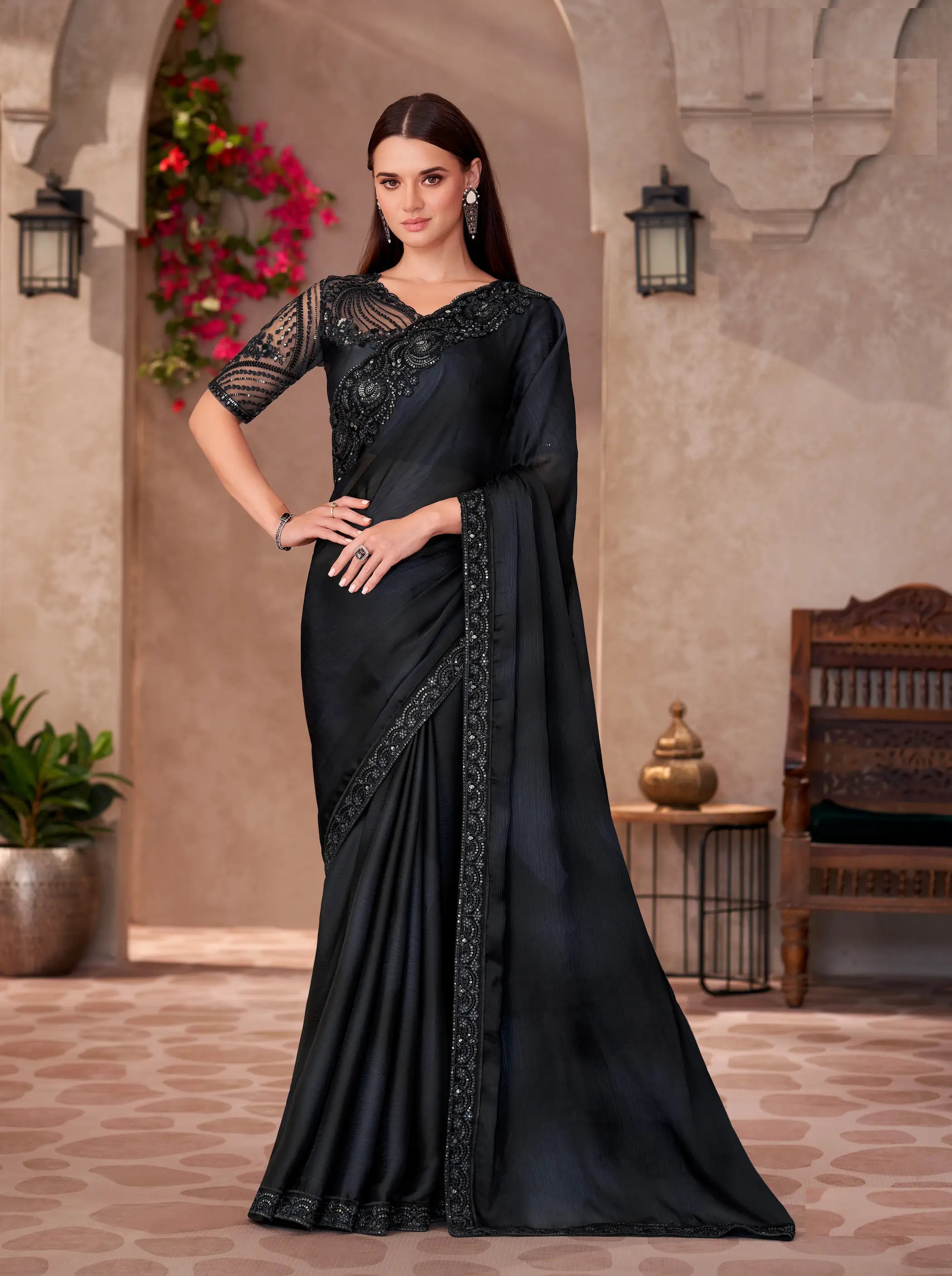 Blue-Grey Shaded Chiffon Embroidery Work Saree - qivii