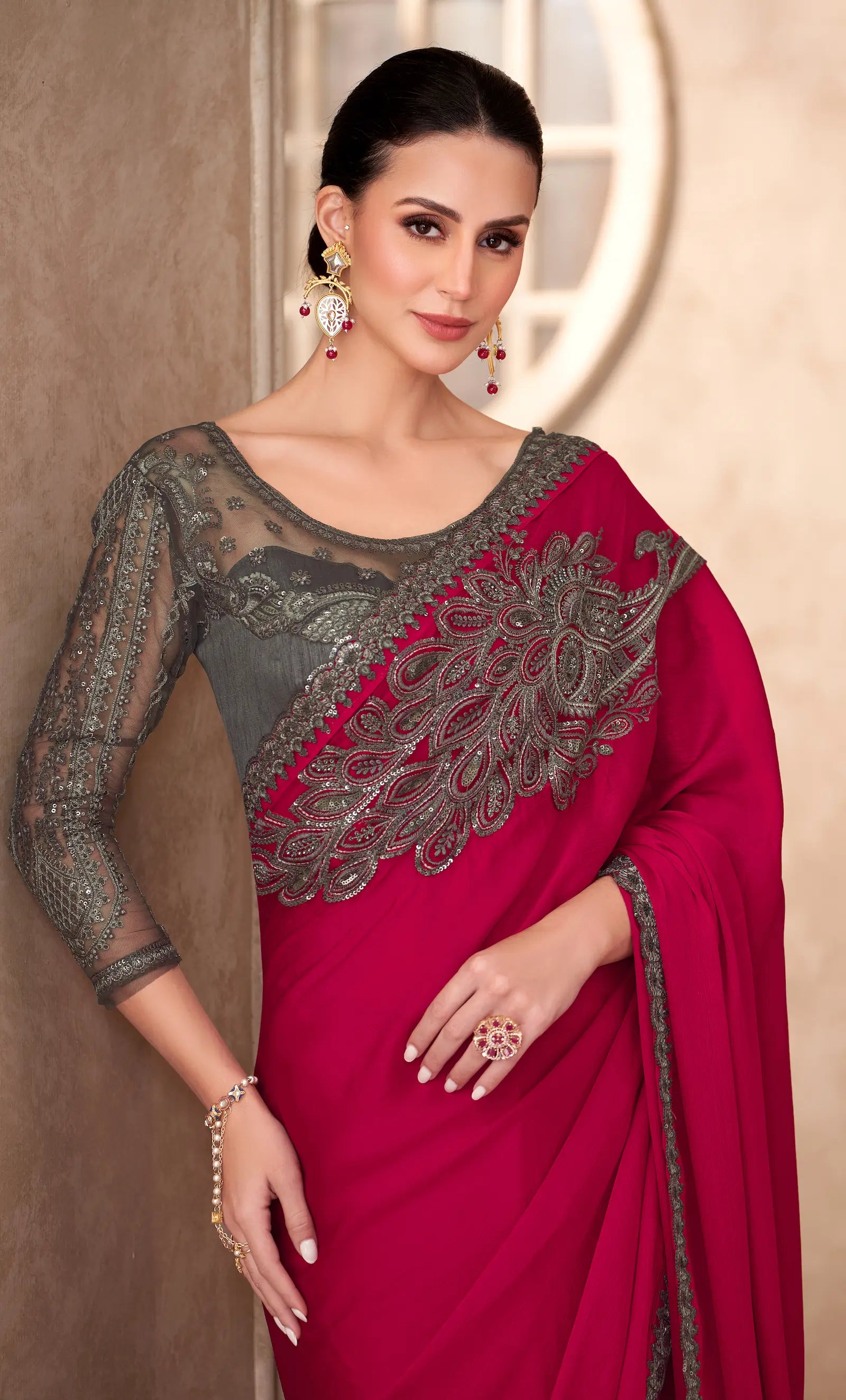 Rose Red Chiffon Embroidery Work Saree - qivii