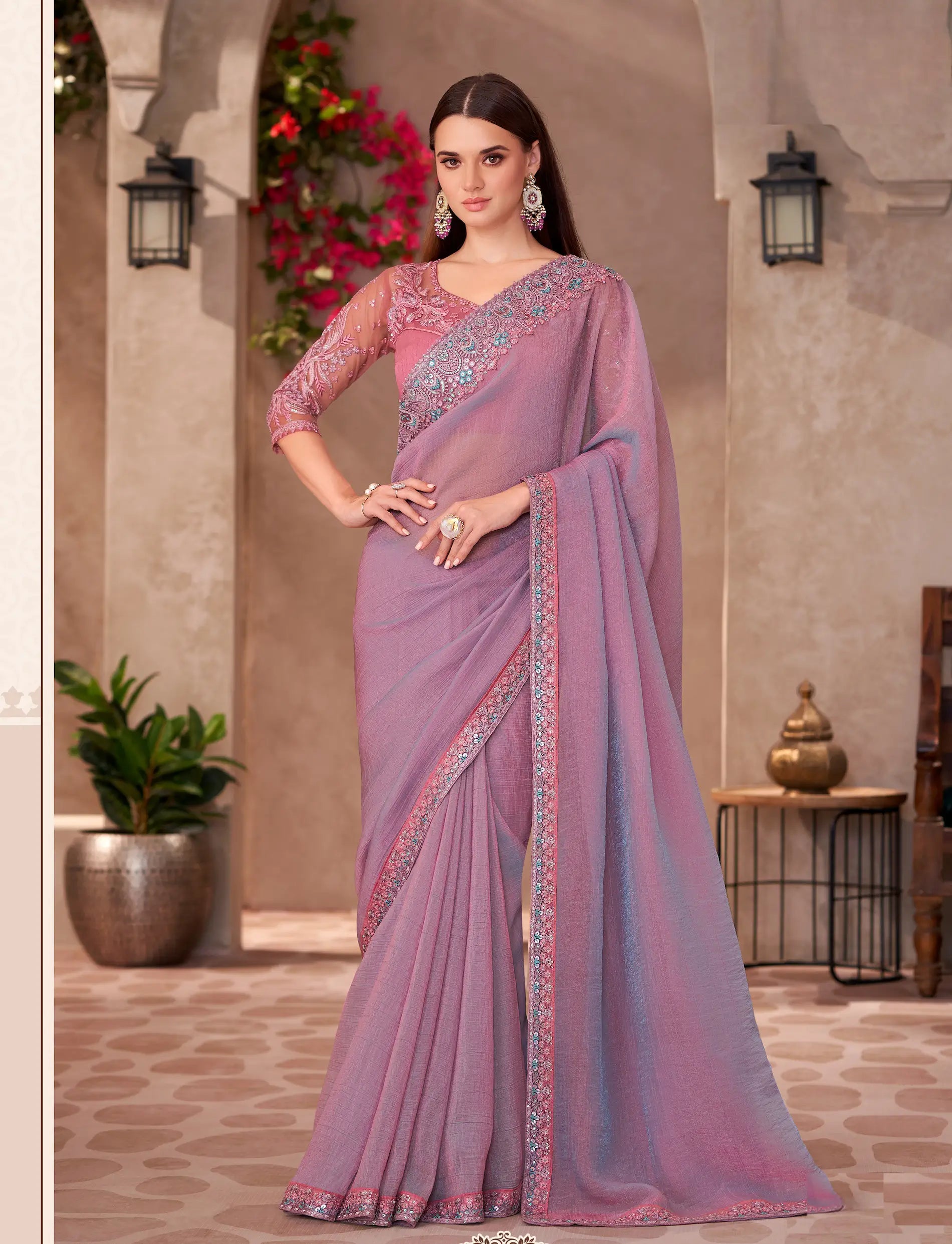 Lavender Pink Shiney Georgette Embroidery Work Saree - qivii