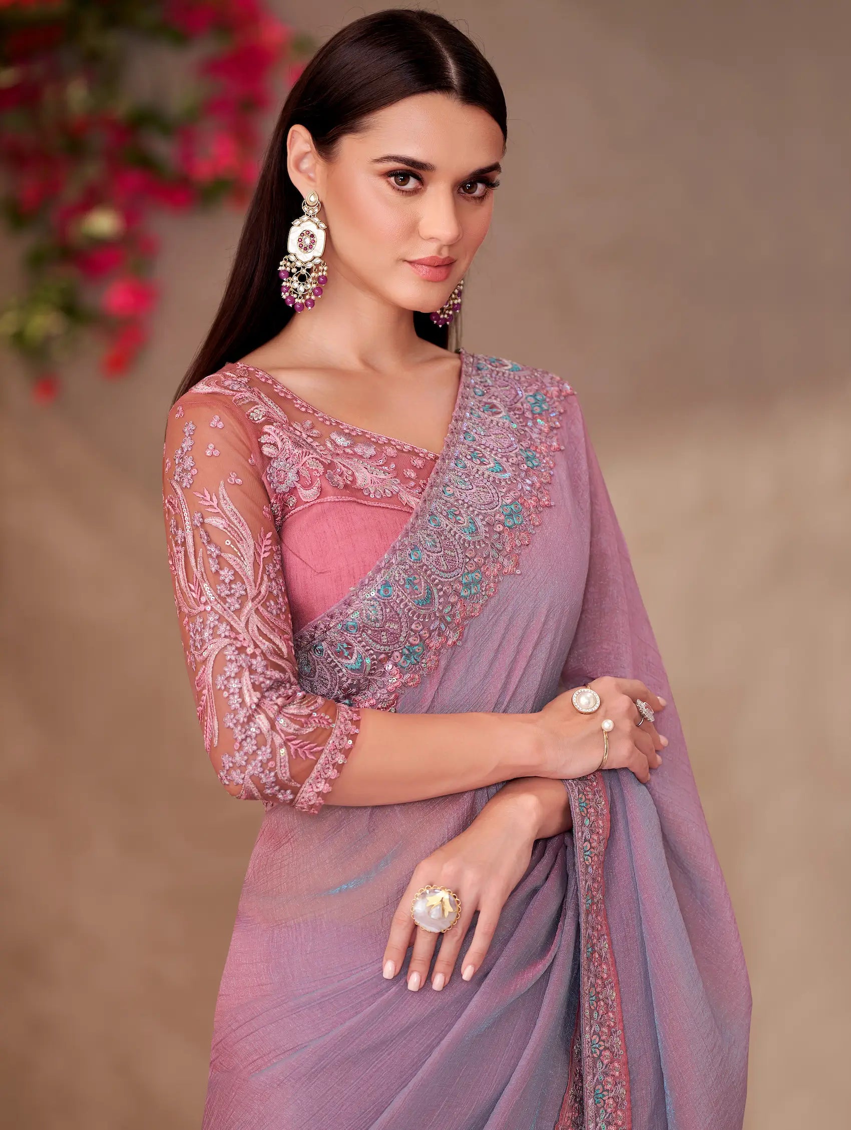 Lavender Pink Shiney Georgette Embroidery Work Saree - qivii
