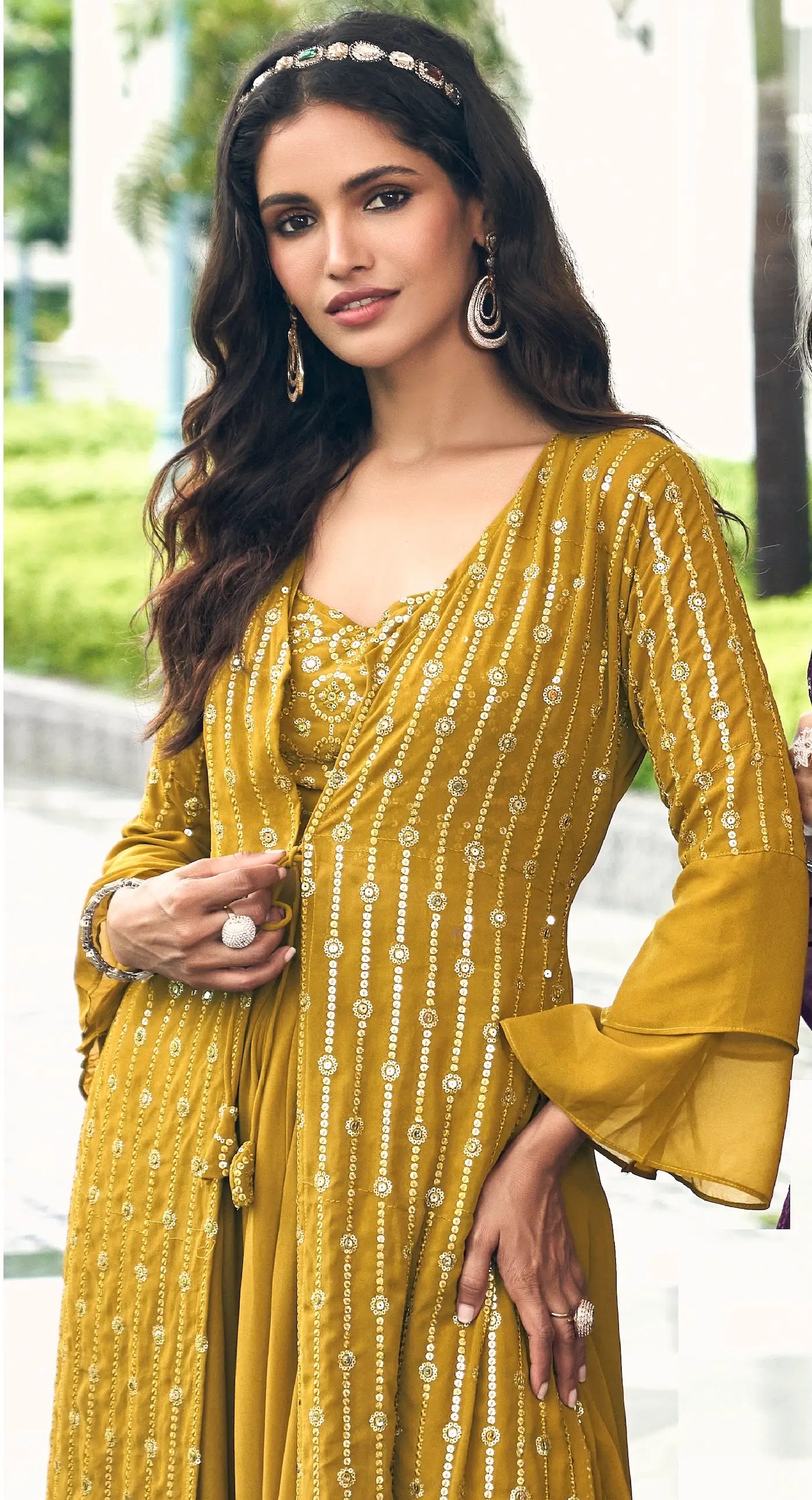 Yellow Georgette Indo western Set With Thread & Sequence Embroidery Work | Ready To Wear - qivii