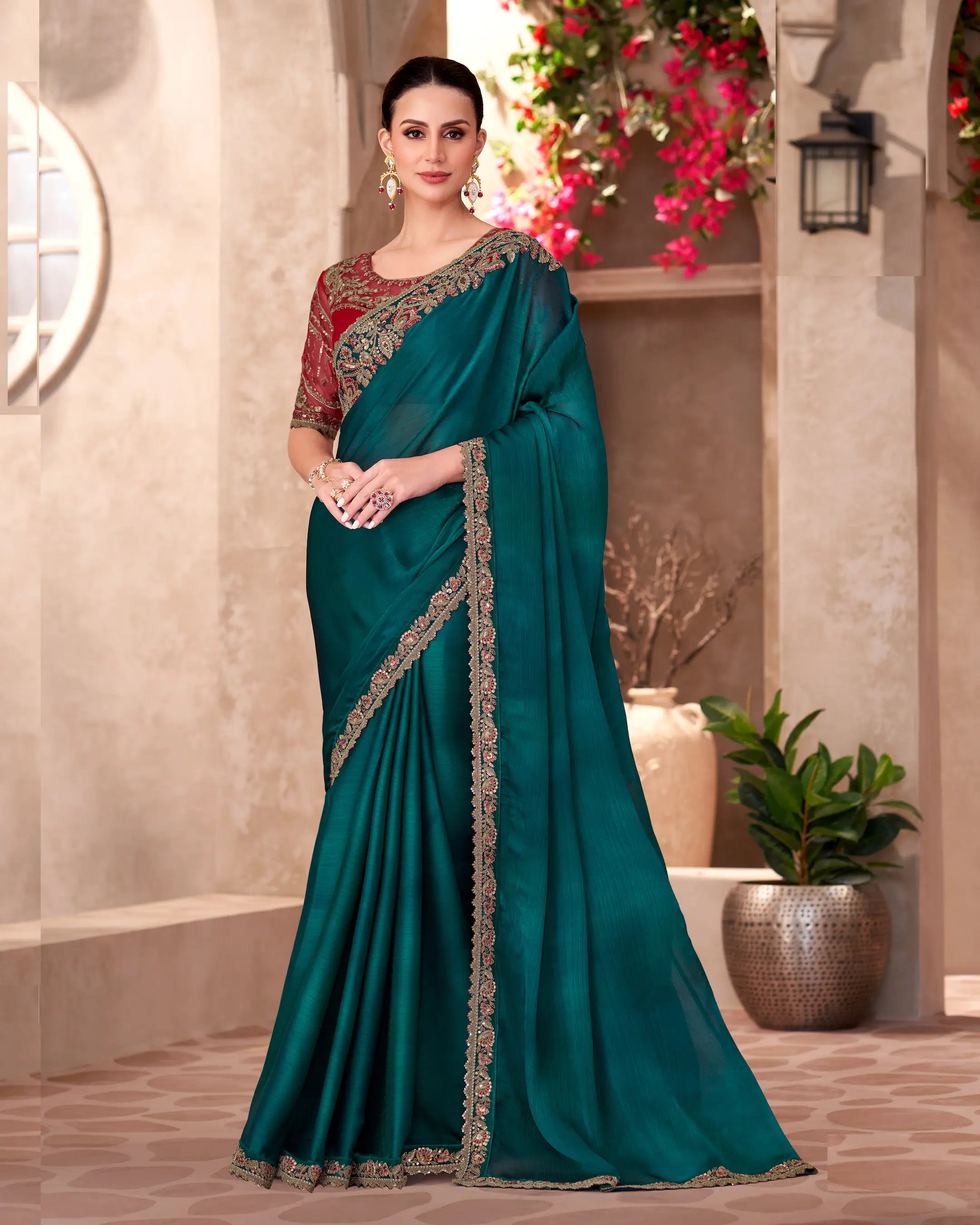 Dark Teal Blue Shaded Chiffon Embroidery Work Saree - qivii