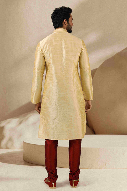Men's Banarasi Art Silk Mirror Work Kurta Pajama In Beige Gold Colour