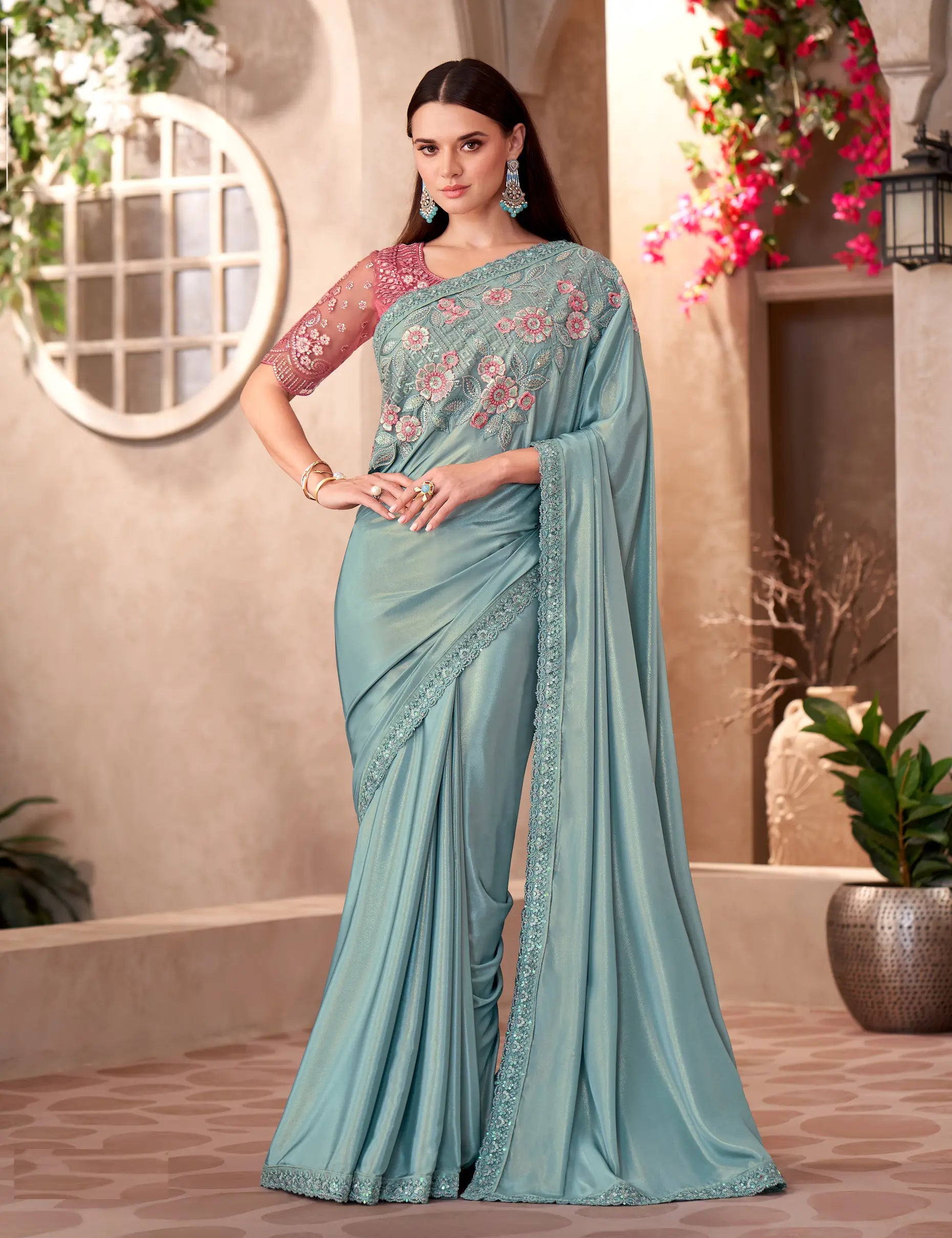 Aqua Blue Shimmer Crepe Embroidery Work Saree - qivii