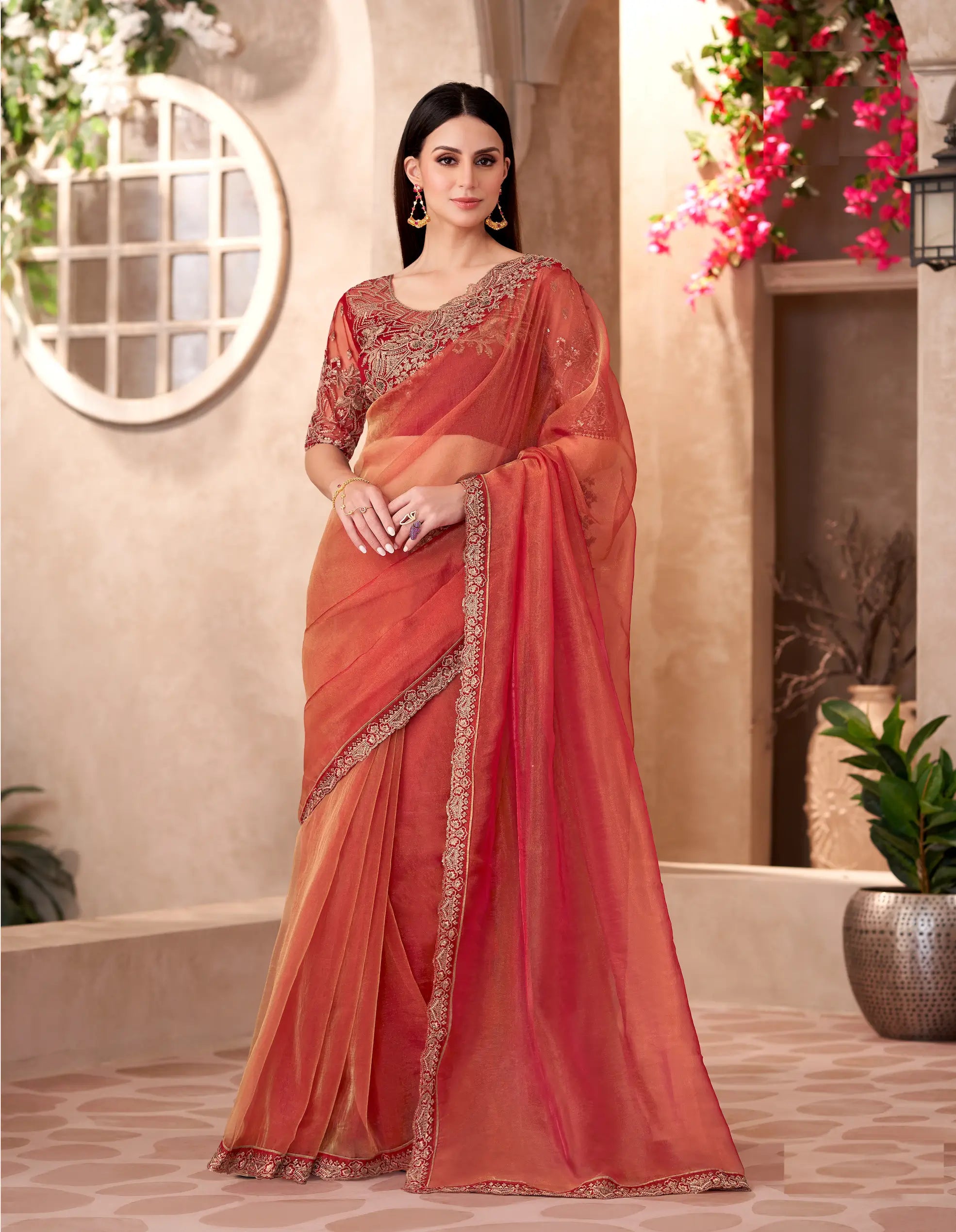 Rust Orange Sparkle Tissue Embroidery Work Saree - qivii