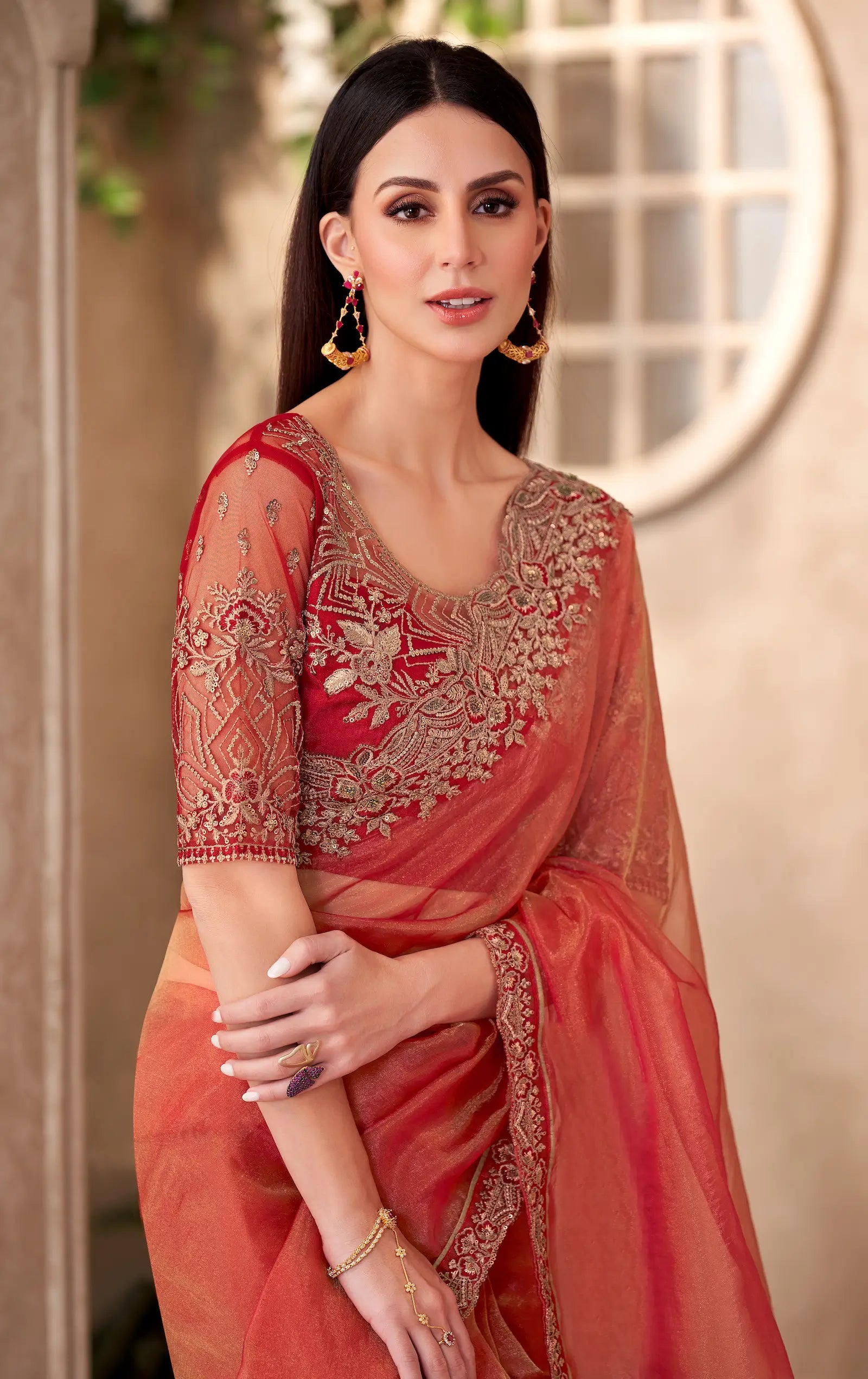 Rust Orange Sparkle Tissue Embroidery Work Saree - qivii