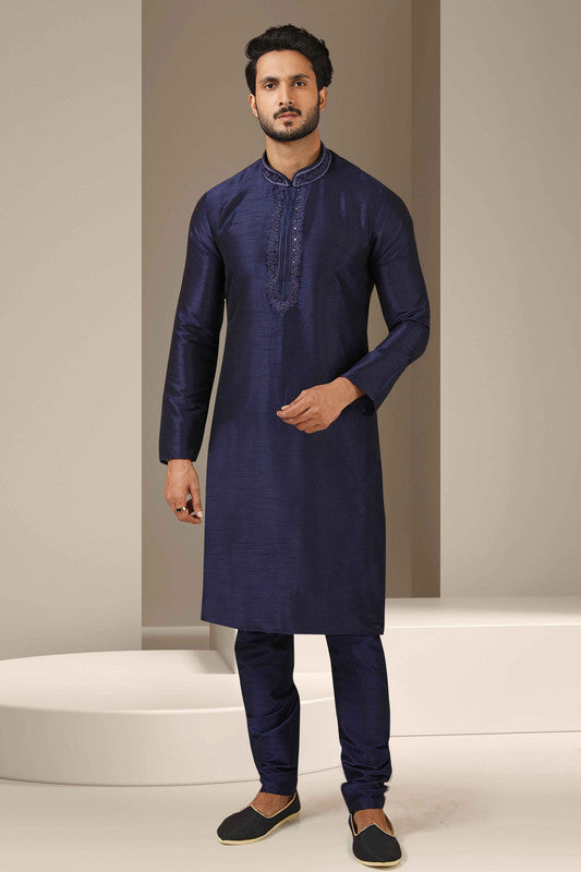 Men's Banarasi Art Silk Mirror Work Kurta Pajama In Navy Blue Colour