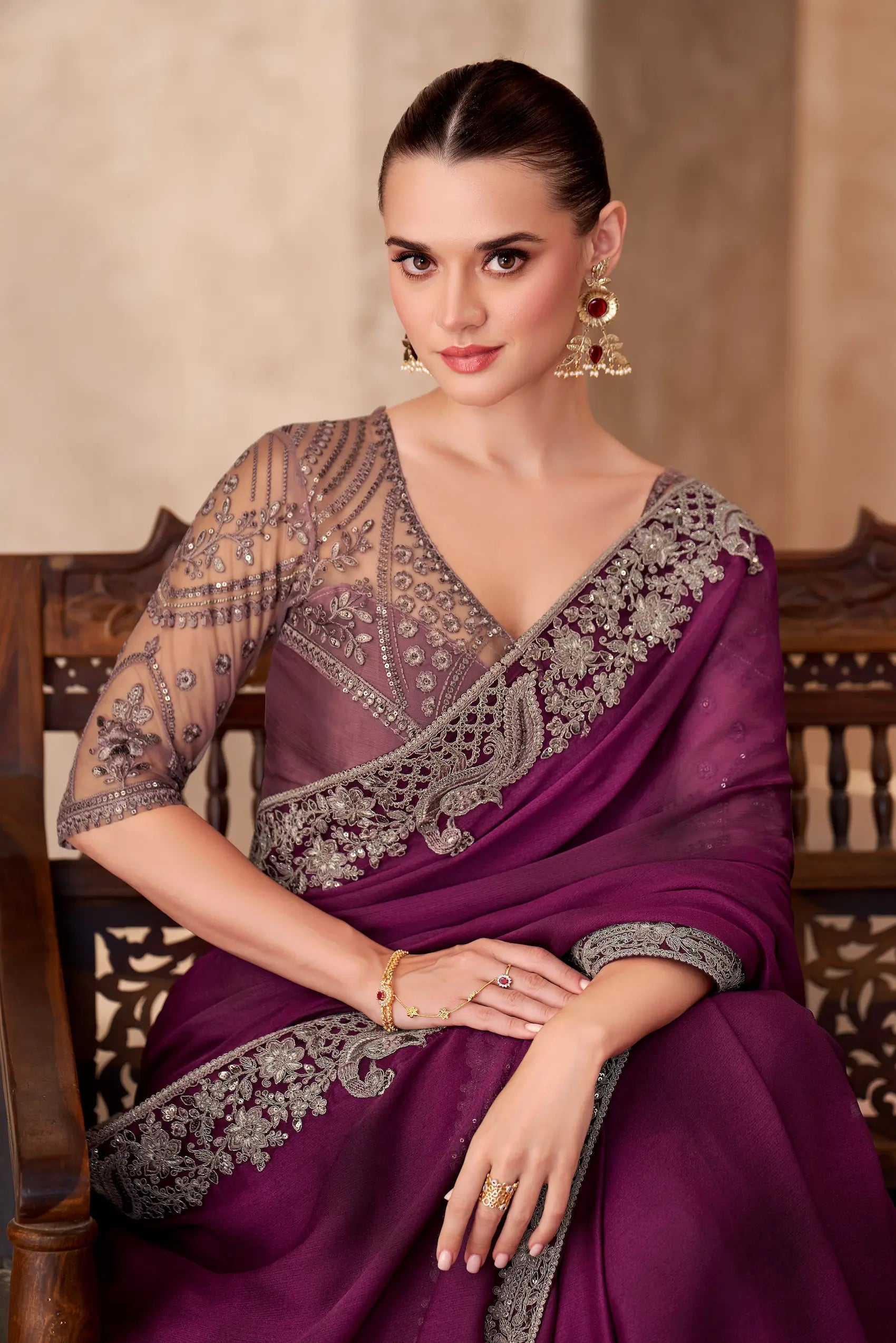 Wine Shaded Satin Chiffon Embroidery Work Saree - qivii