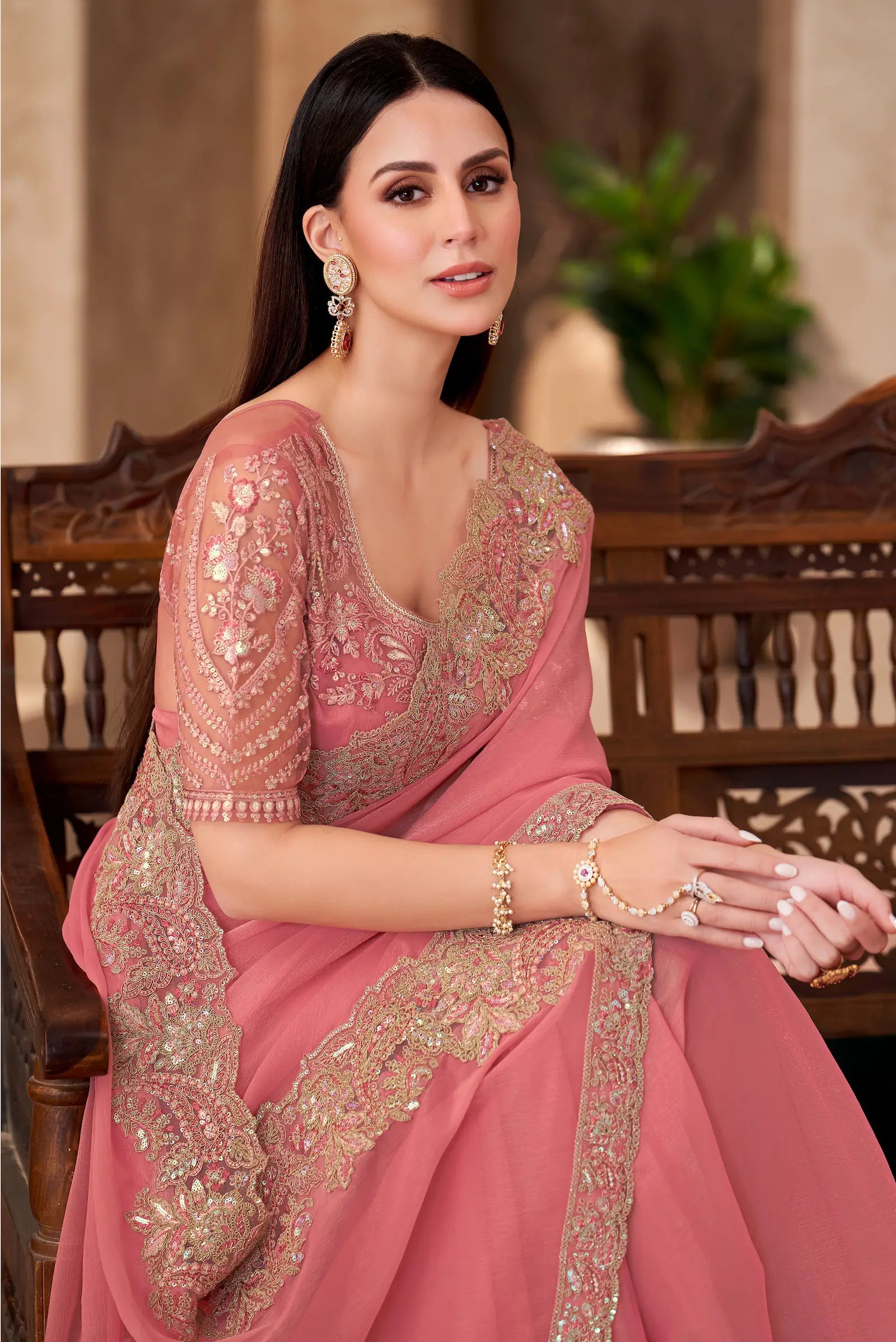 Peach Pink Shiney Georgette embroidery Work Saree - qivii