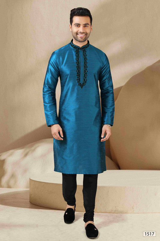 Men's Banarasi Art Silk Mirror Work Kurta Pajama In Teal Colour