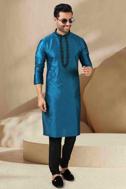 Men's Banarasi Art Silk Mirror Work Kurta Pajama In Teal Colour
