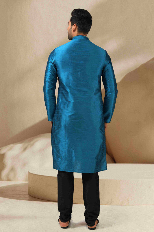 Men's Banarasi Art Silk Mirror Work Kurta Pajama In Teal Colour