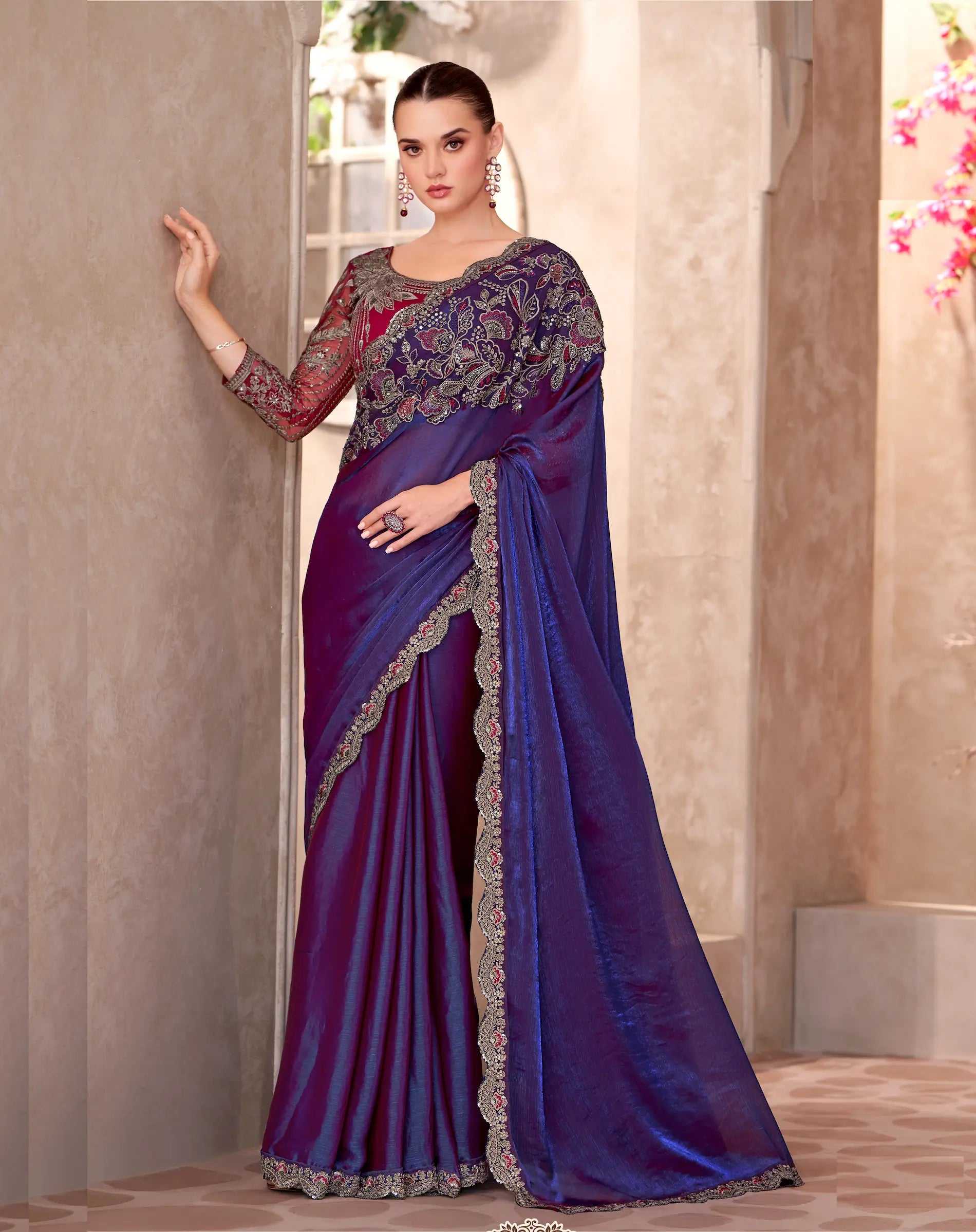 Electric Blue Satin Georgette Embroidery Work Saree - qivii
