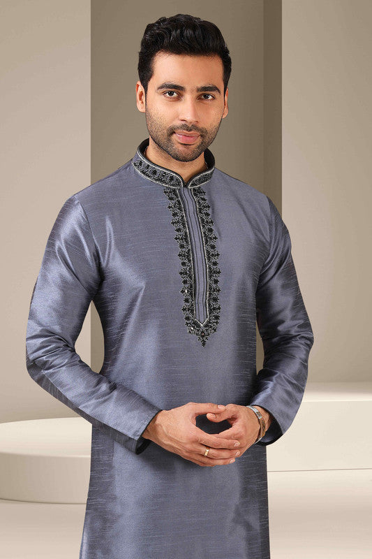 Men's Banarasi Art Silk Mirror Work Kurta Pajama In Dark Grey Colour