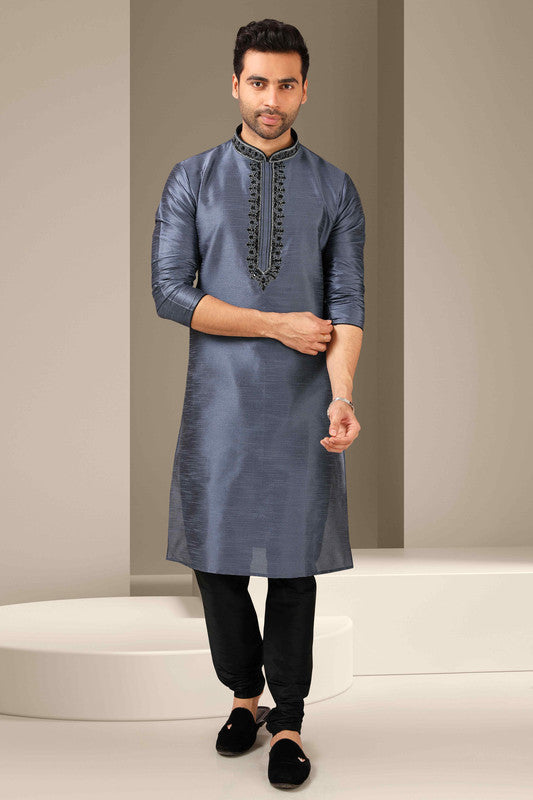 Men's Banarasi Art Silk Mirror Work Kurta Pajama In Dark Grey Colour