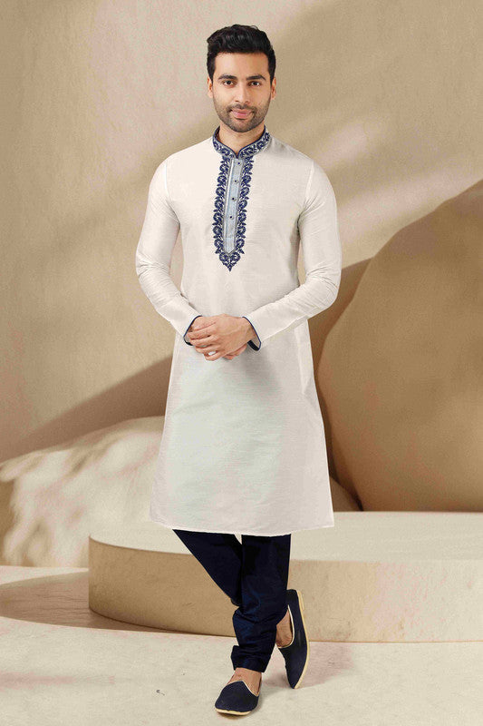 Men's Banarasi Art Silk Thread Work Kurta Pajama In Off White Colour