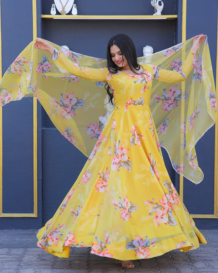 Yellow Colour Printed  Tebby Silk Anarkali Suit  - By Qivii