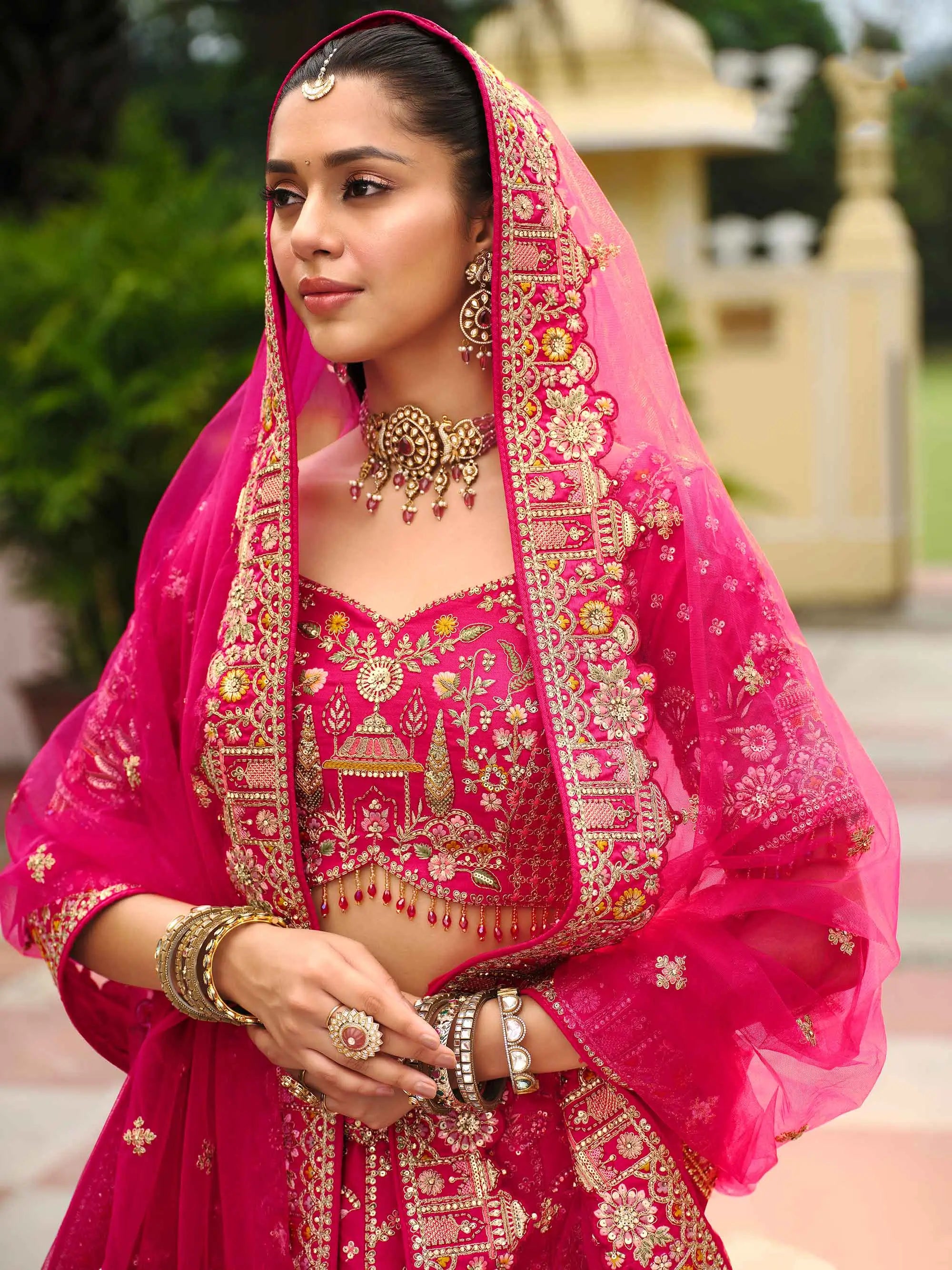 Raspberry Khatli Embroidery Bridal Lehenga With 2 Dupatta - qivii