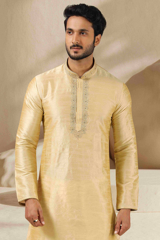 Men's Banarasi Art Silk Thread Work Kurta Pajama In Gold Colour