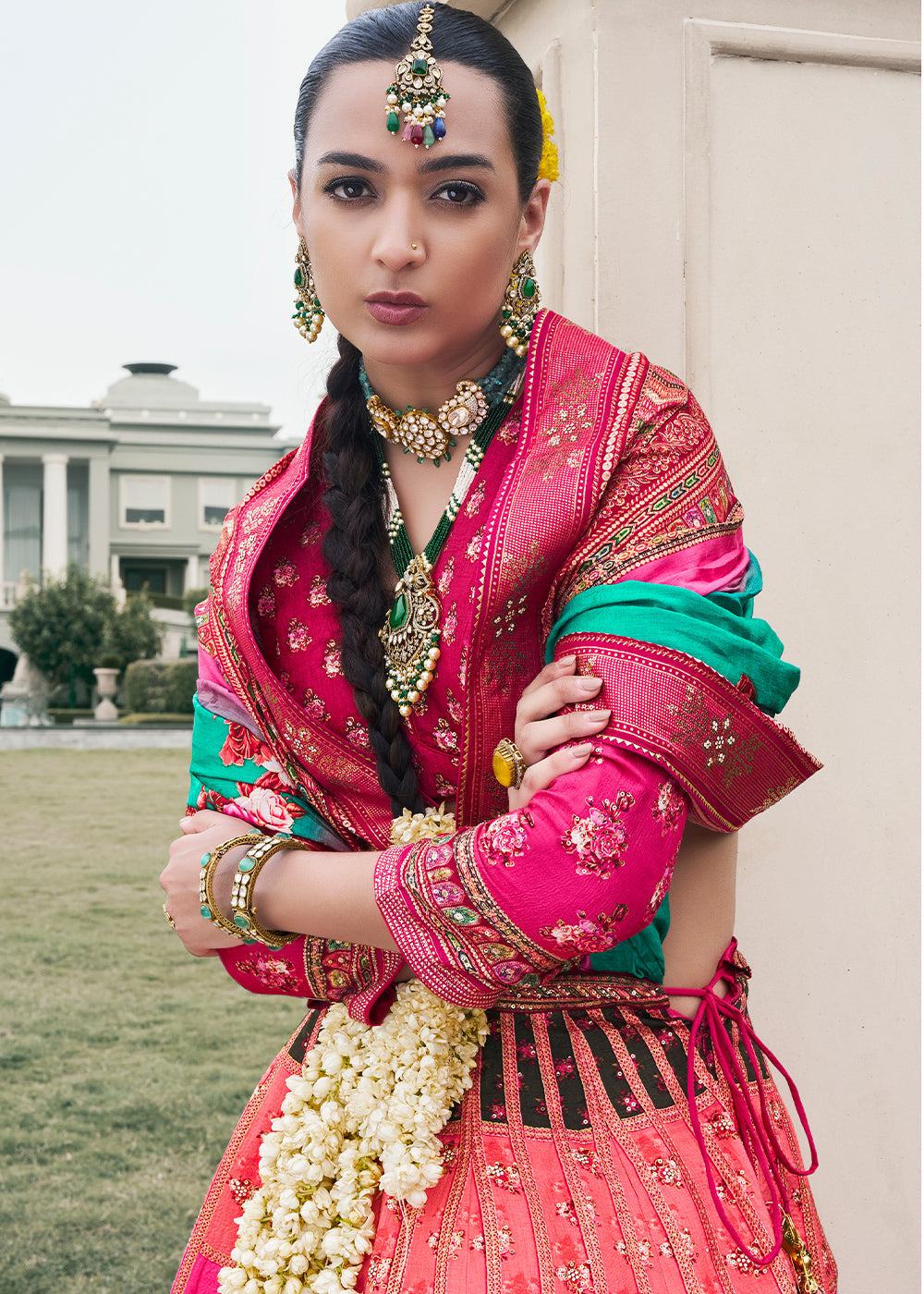 Shades Of Pink & Blue Floral Printed Banarasi Silk lehenga Choli Having Embellishment work