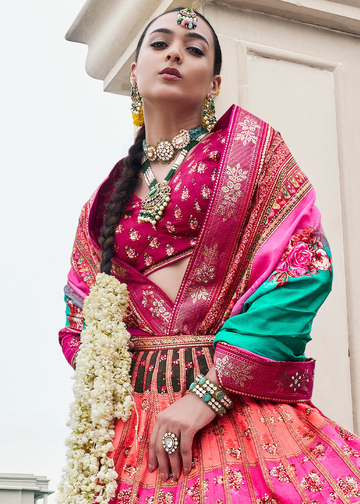 Shades Of Pink & Blue Floral Printed Banarasi Silk lehenga Choli Having Embellishment work