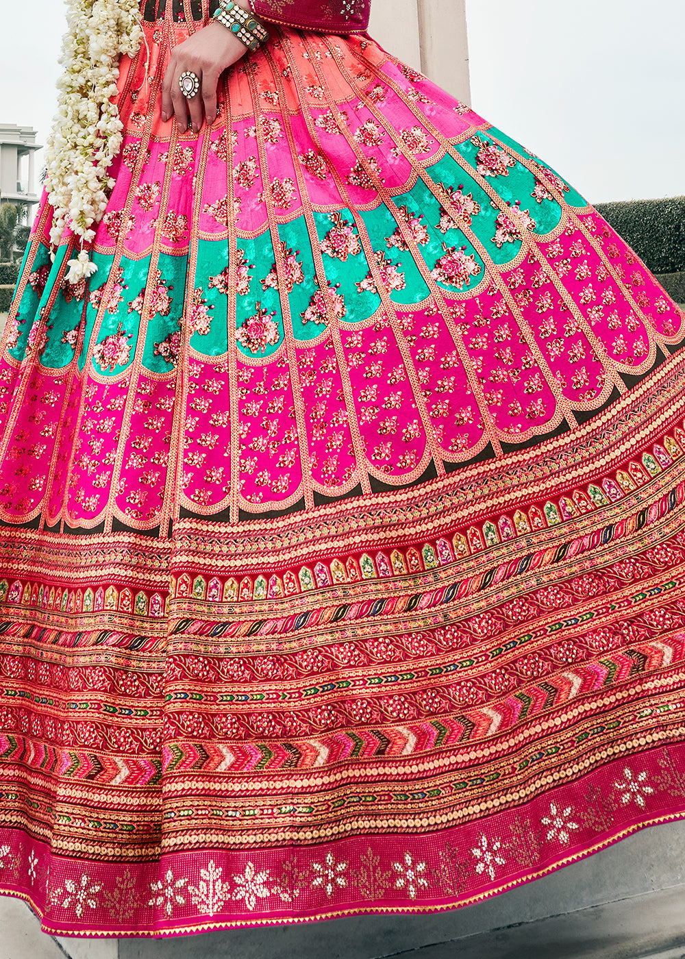 Shades Of Pink & Blue Floral Printed Banarasi Silk lehenga Choli Having Embellishment work